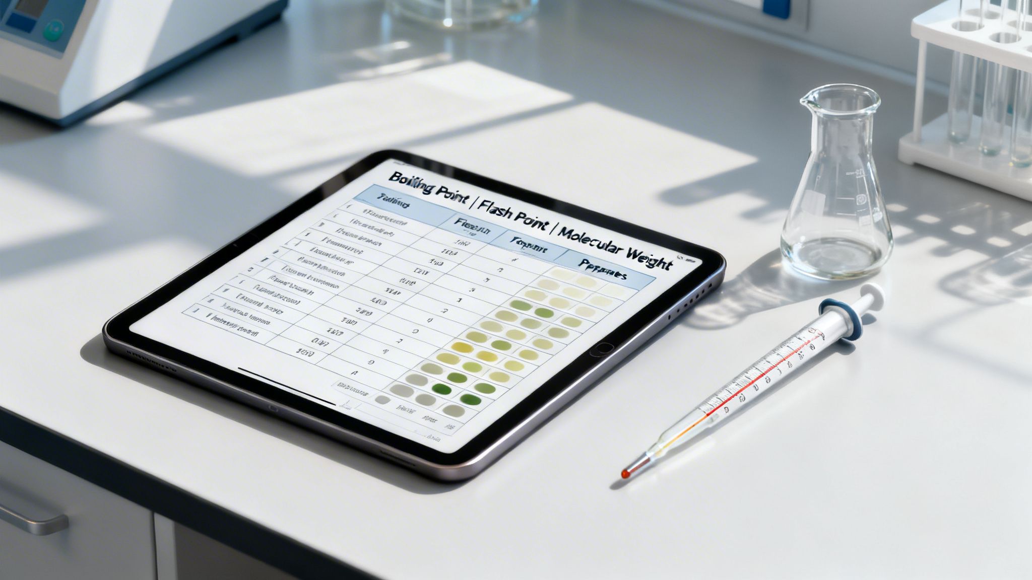 A tablet with a chemical data chart, a thermometer, beaker, and test tubes in a laboratory.