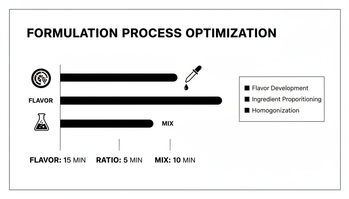 A formulation process optimization chart showing flavor development, ingredient proportioning, and homogenization steps with their durations.