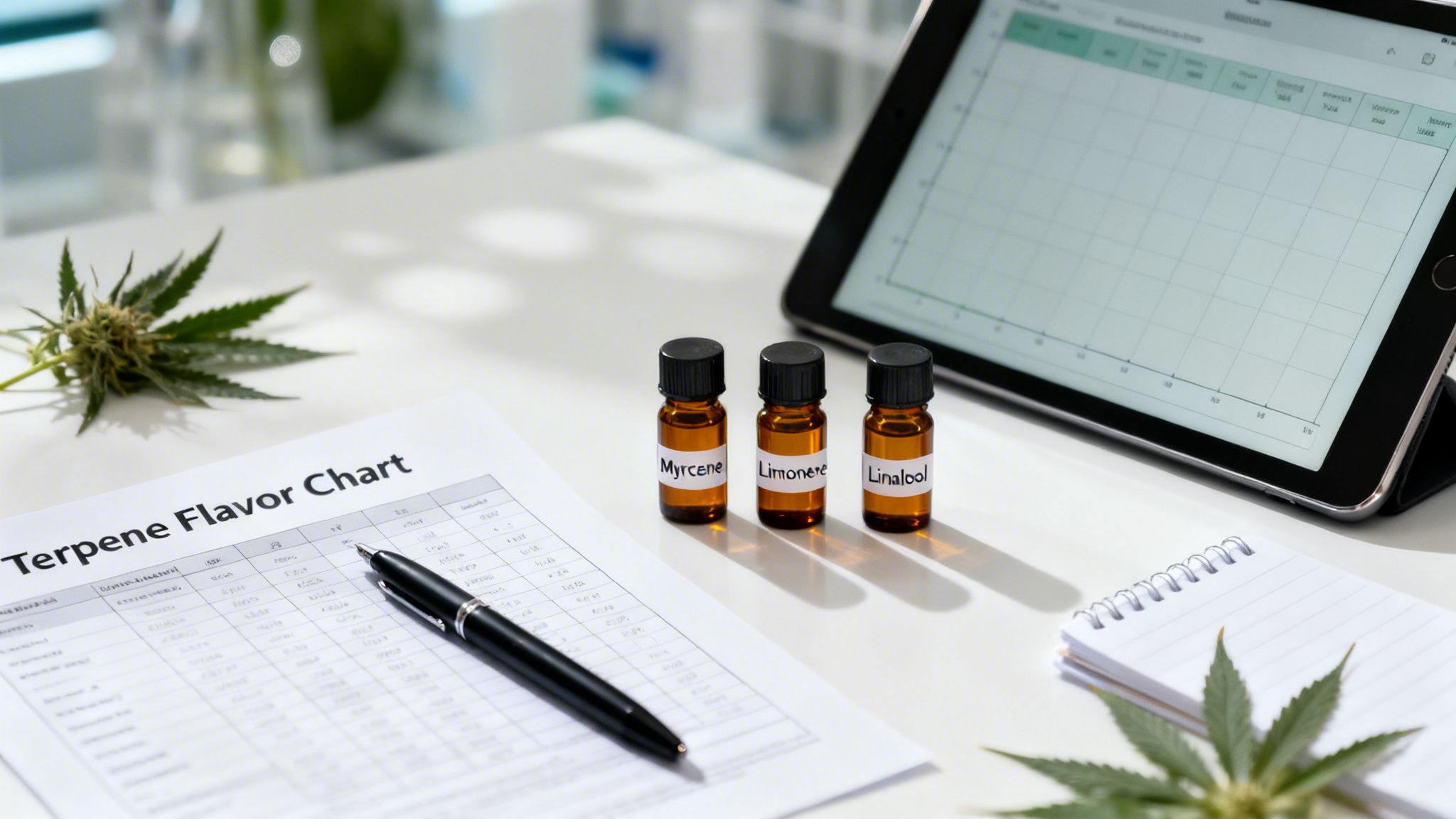 A desk with a Terpene Flavor Chart, cannabis bud, terpene oil bottles, and a tablet showing data.