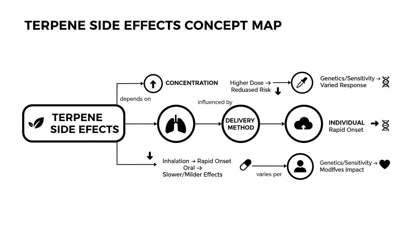 Concept map illustrating factors affecting terpene side effects, including concentration, delivery method, and individual genetics.