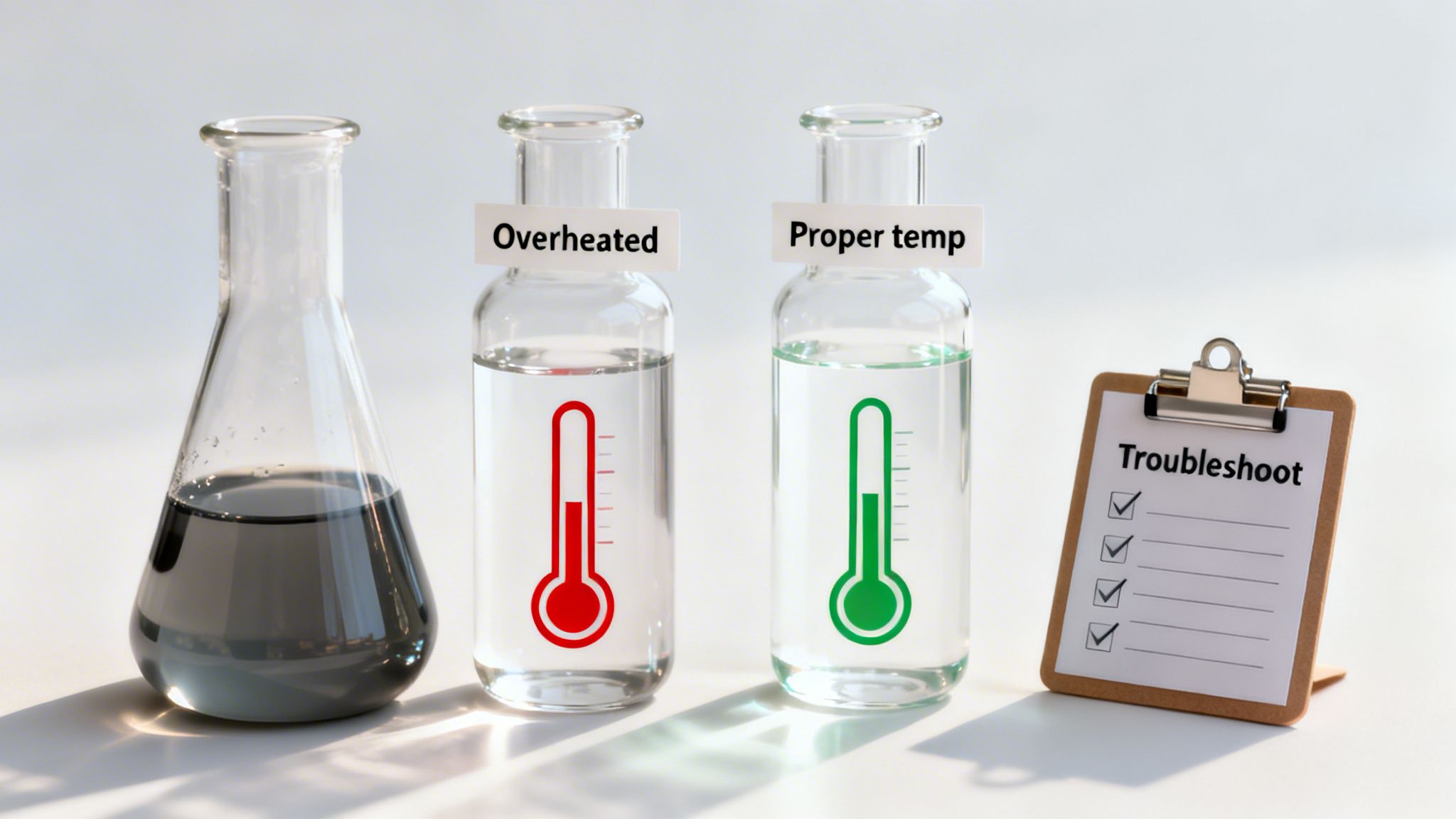Scientific setup displaying an Erlenmeyer flask, vials indicating 'Overheated' and 'Proper temp,' and a troubleshooting checklist.