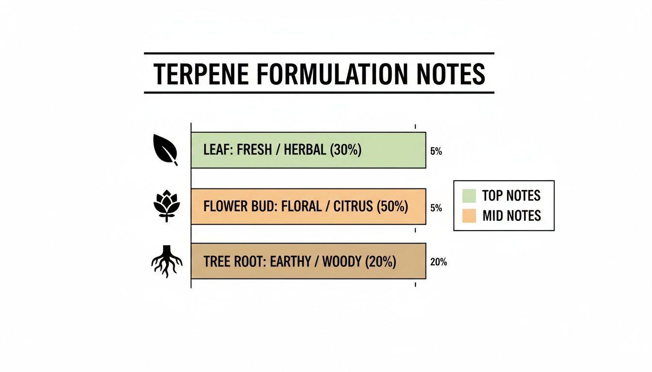 Chart displaying terpene formulation notes for leaf, flower bud, and tree root, detailing their scent profiles and percentages.