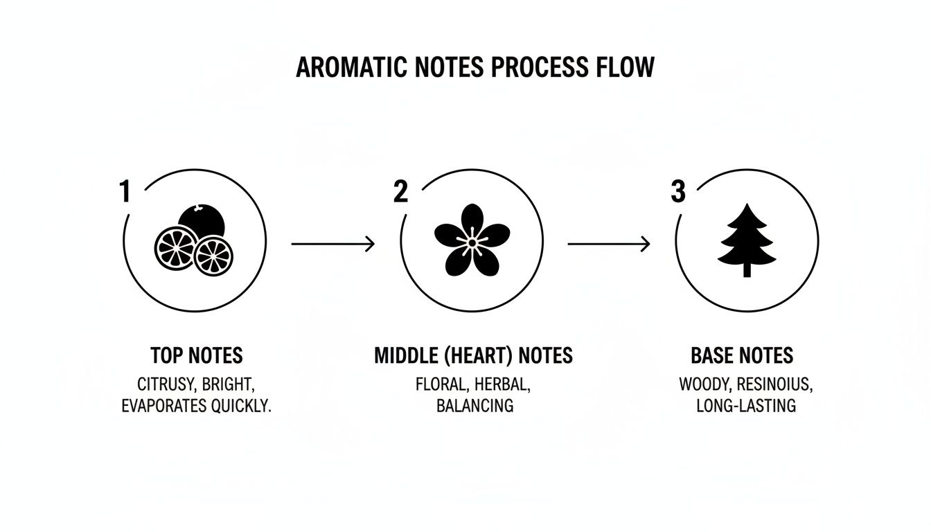 Aromatic notes process flow diagram explaining top, middle, and base scent characteristics with icons.