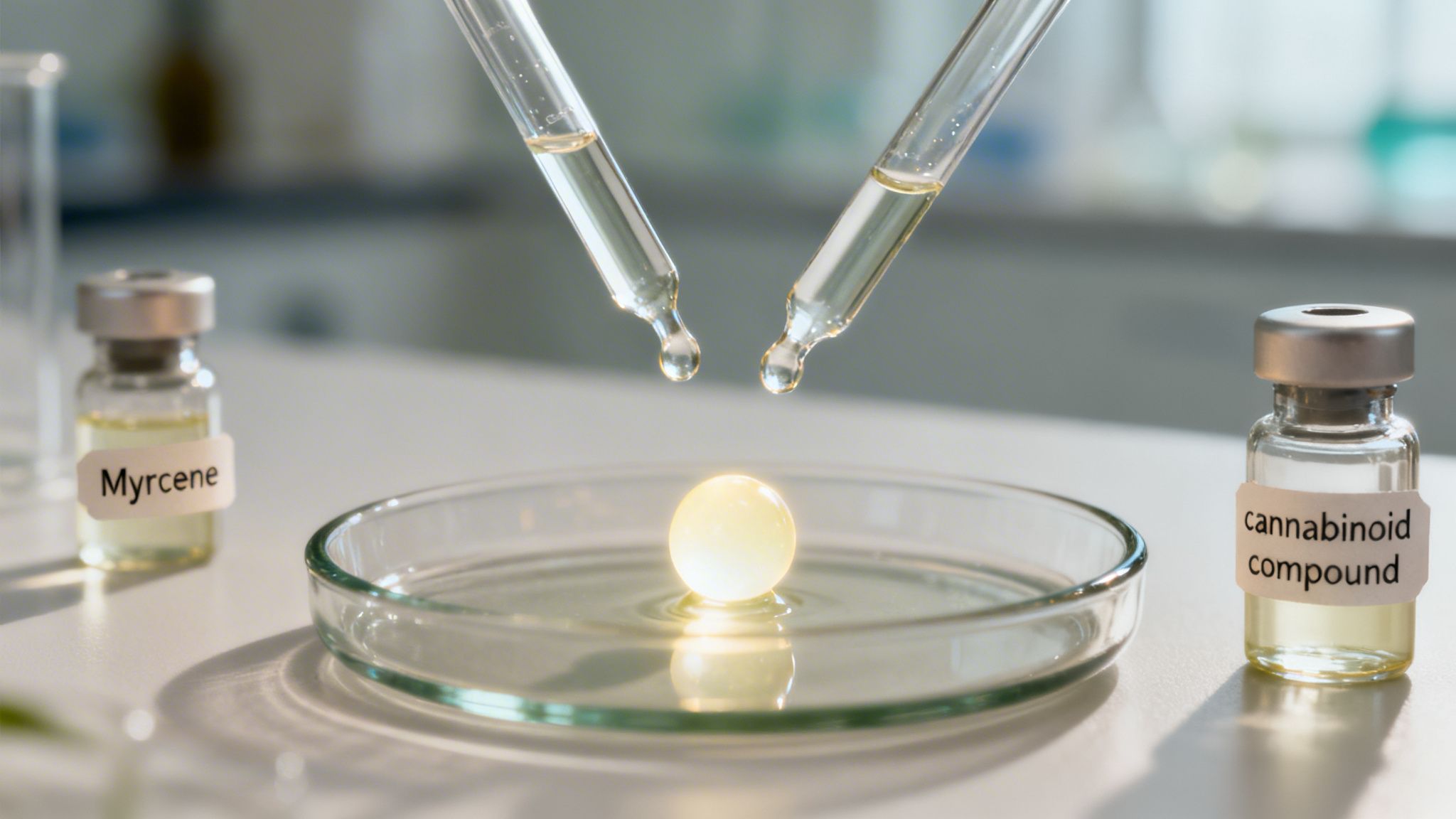 Two droppers dispensing liquids into a petri dish, with vials labeled Myrcene and cannabinoid compound.