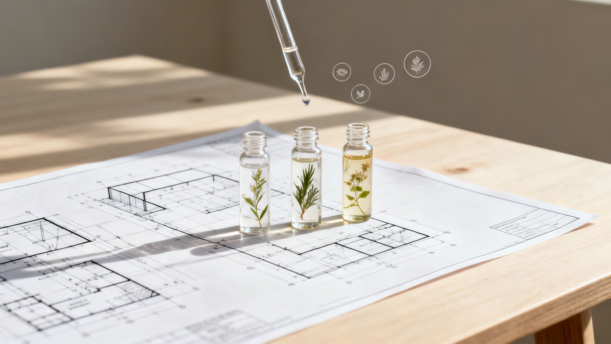 Three bottles of plant extracts and a dropper on a blueprint with botanical icons.