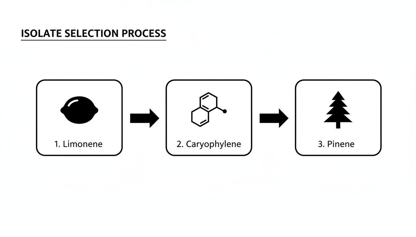 Isolate selection process infographic, showing Limonene, Caryophyllene, and Pinene with their respective icons.