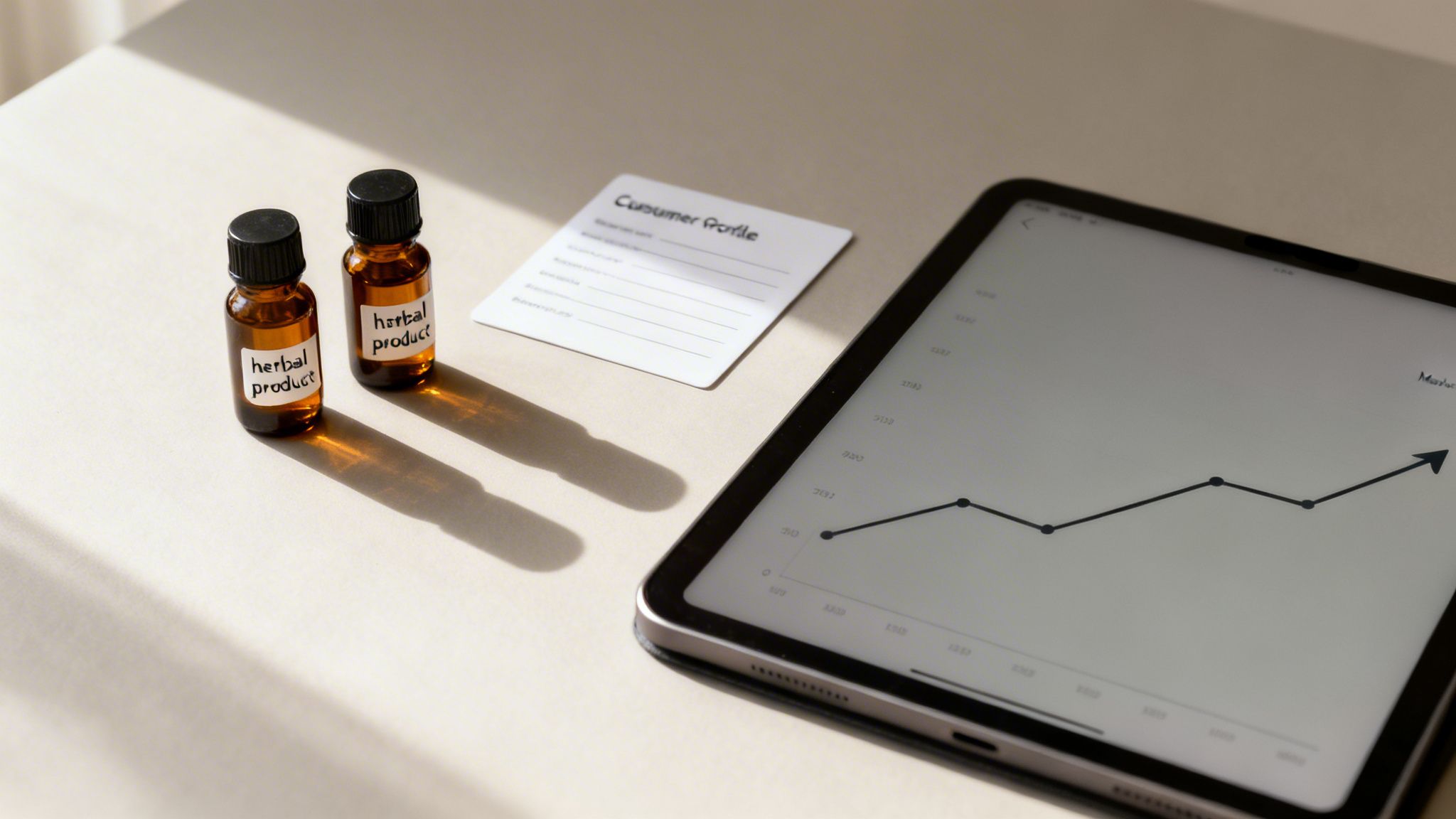 Tabletop with herbal product bottles, a customer profile card, and a tablet showing a market growth graph.