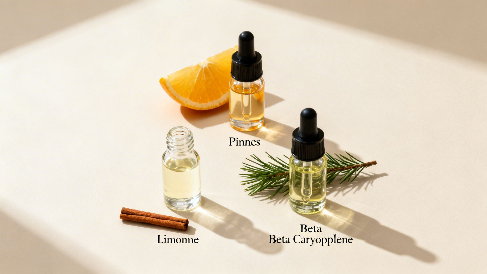 Three essential oil bottles labeled Pinnes, Limonne, and Beta Caryopplene with natural ingredients.