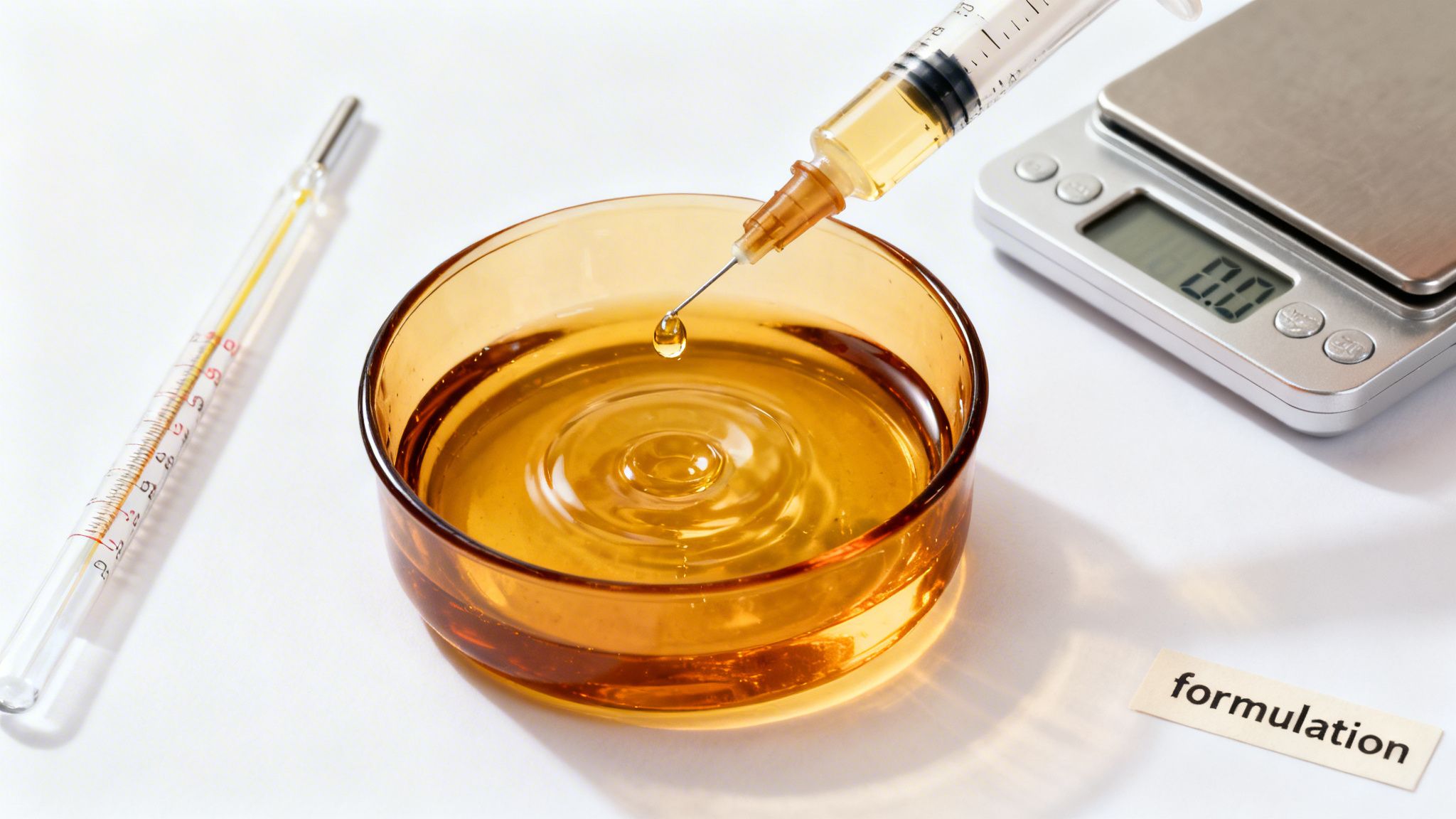 Syringe drips yellow liquid into a petri dish, with a thermometer, digital scale, and 'formulation' card.