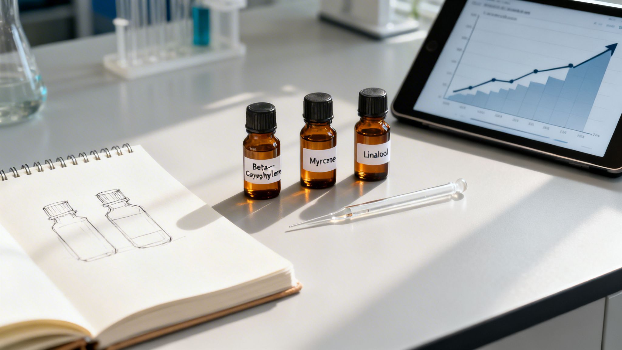 Scientific workstation with terpene essential oil bottles, a pipette, a sketchpad, and a tablet displaying a graph.