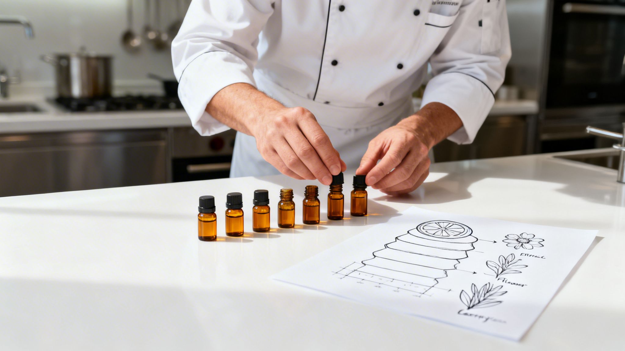 A chef arranges amber bottles with aromatic liquids next to a flavor profile diagram.