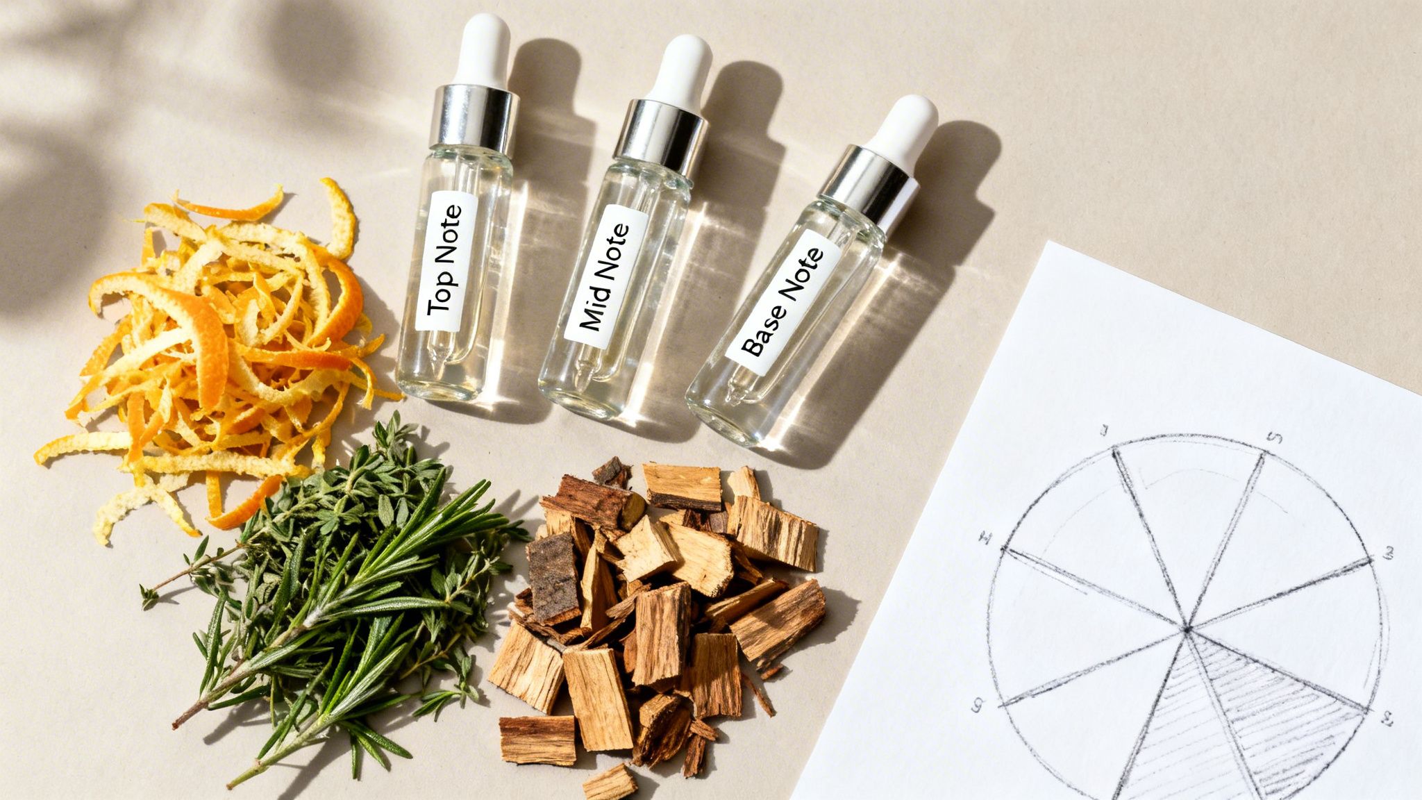 Perfume blending ingredients: orange peels, fresh herbs, wood chips, and three dropper bottles for top, mid, and base notes with a scent wheel.