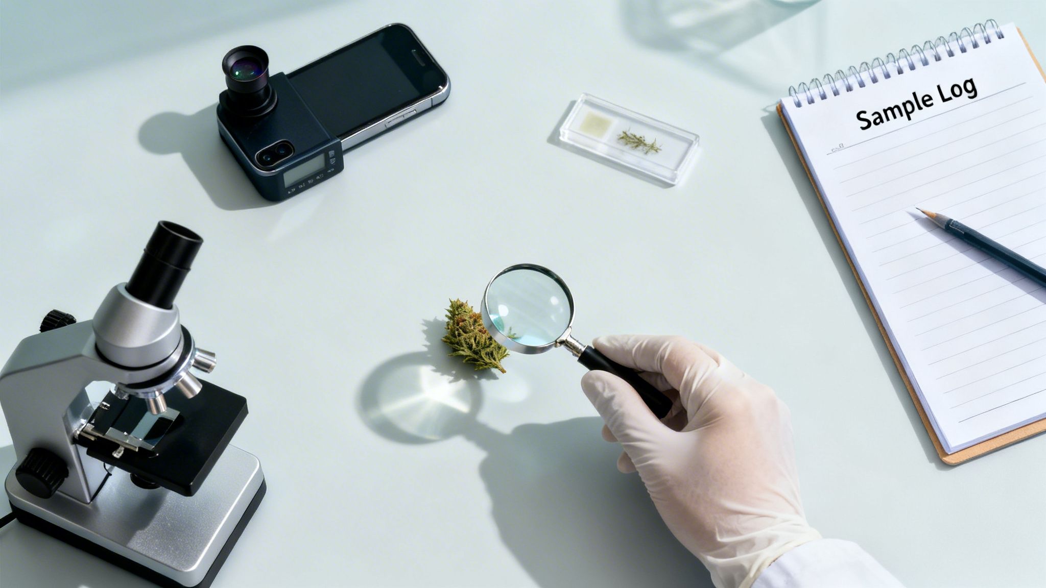 A gloved hand uses a magnifying glass to examine a cannabis bud on a lab bench.