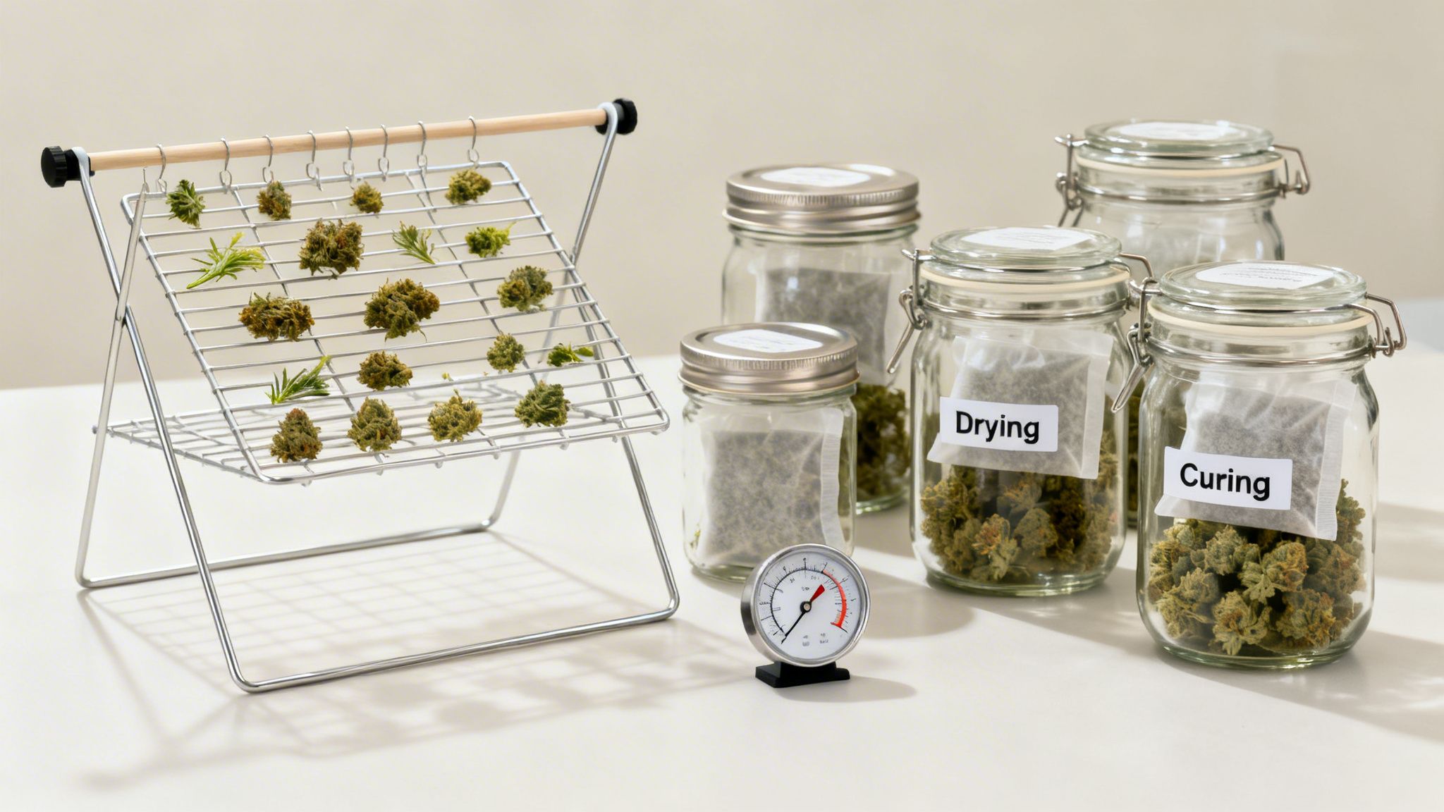 Cannabis buds drying on a rack and curing in jars with a hygrometer, illustrating cultivation process.