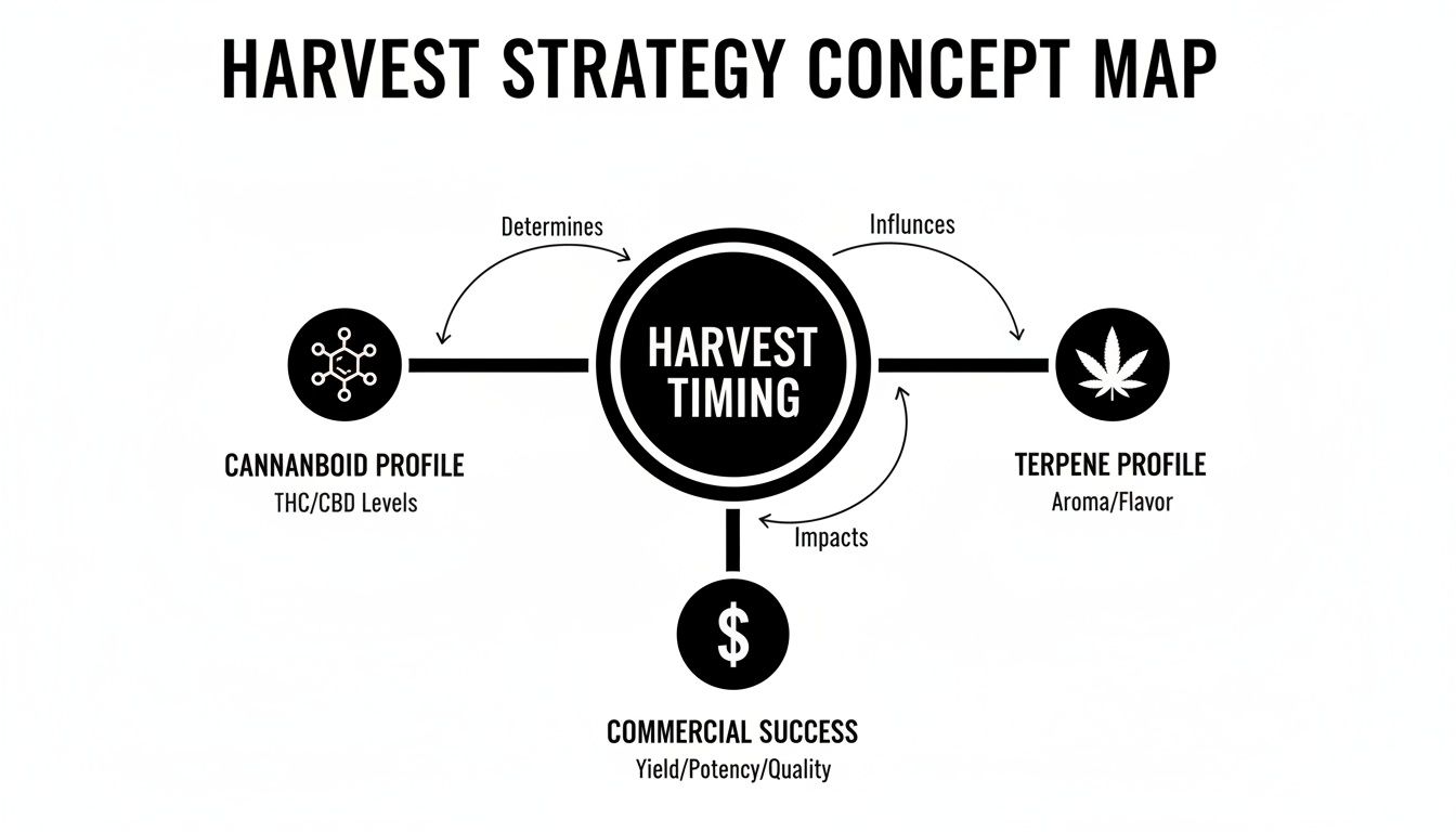 A harvest strategy concept map illustrating how harvest timing influences cannabinoid and terpene profiles, and commercial success.
