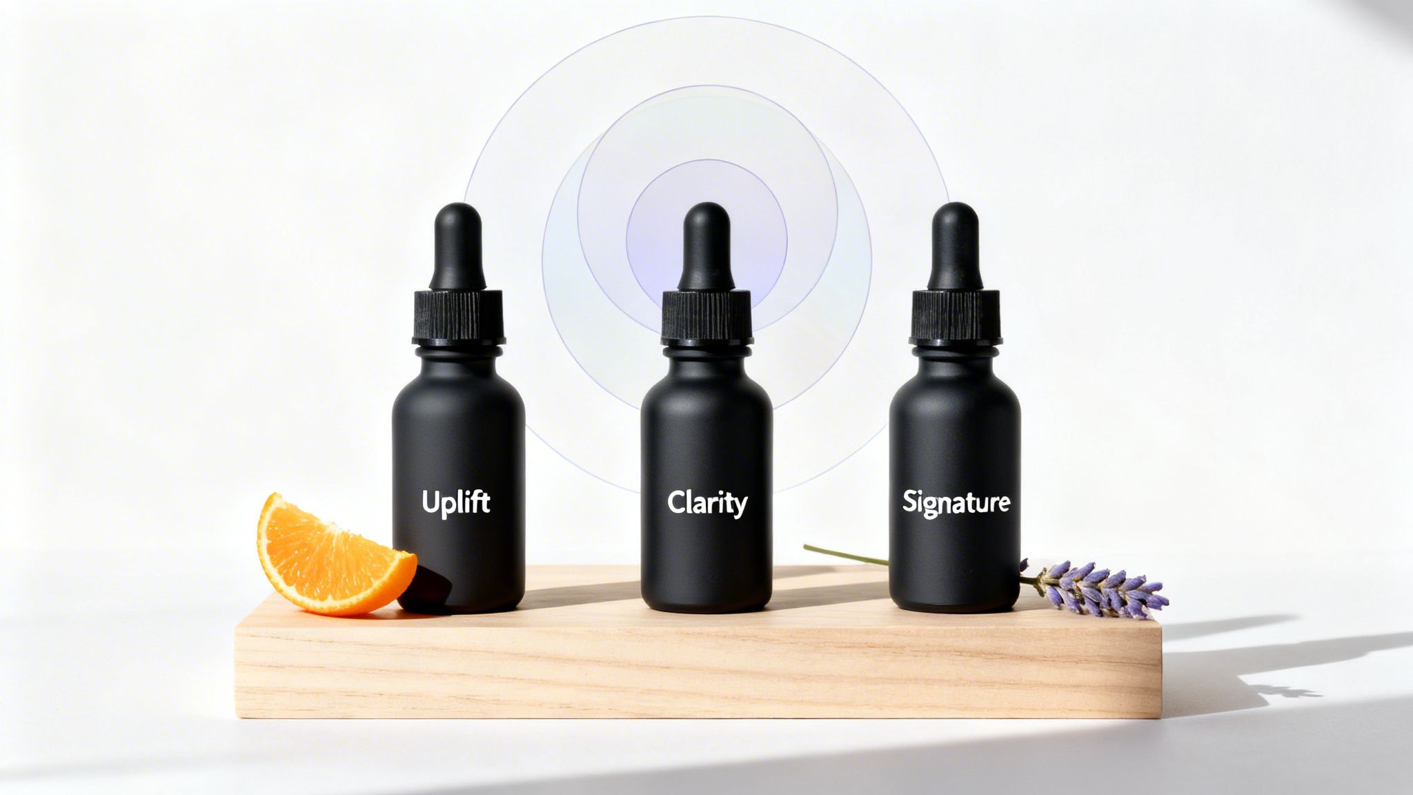 Three black dropper bottles labeled Uplift, Clarity, Signature on wood with orange and lavender.