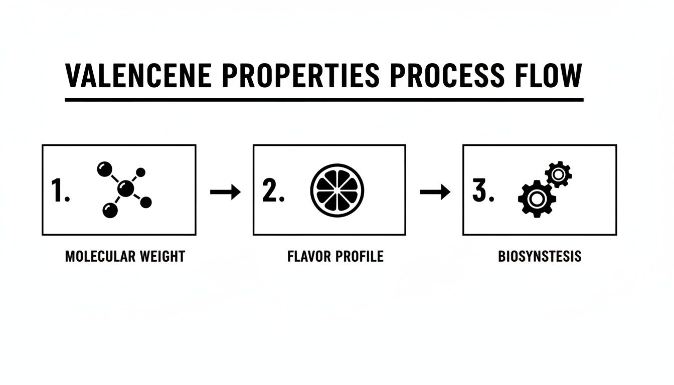 A valencene properties process flow diagram showing molecular weight, flavor profile, and biosynthesis steps.