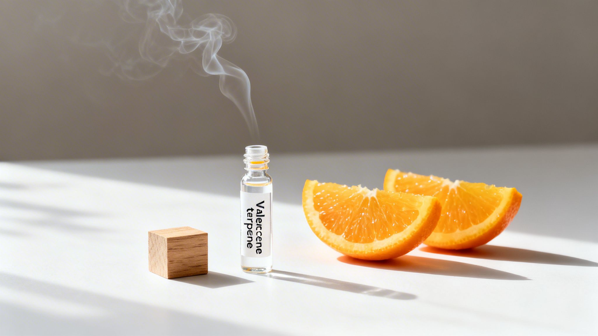 A clear bottle labeled 'Valencene terpene' with smoke, orange slices, and a wooden block.