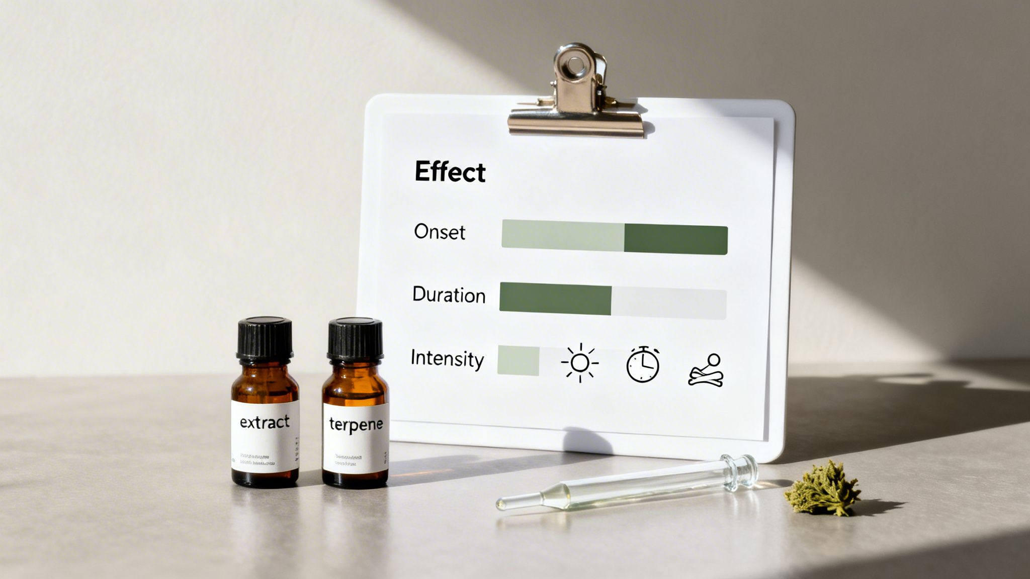 Image shows extract and terpene bottles, a cannabis bud, and a chart illustrating effect onset, duration, and intensity.