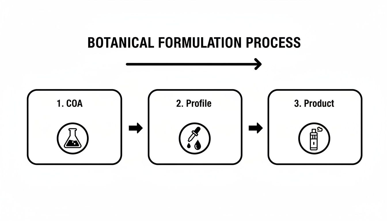 A diagram illustrating the botanical formulation process from COA to product, featuring icons for laboratory, profiling, and final product.