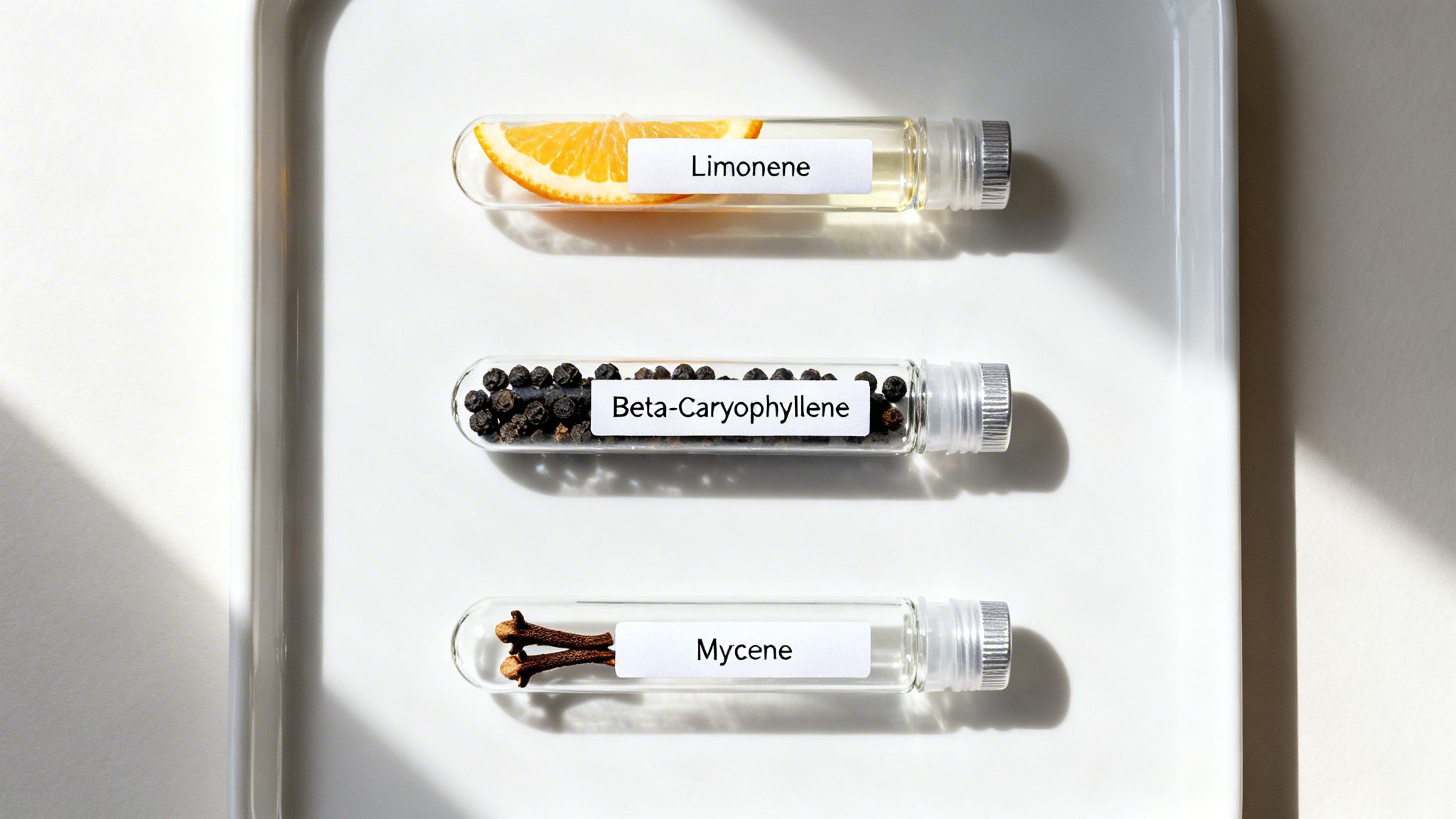 Three vials showcase Limonene from orange, Beta-Caryophyllene from black pepper, and Myrcene from cloves.