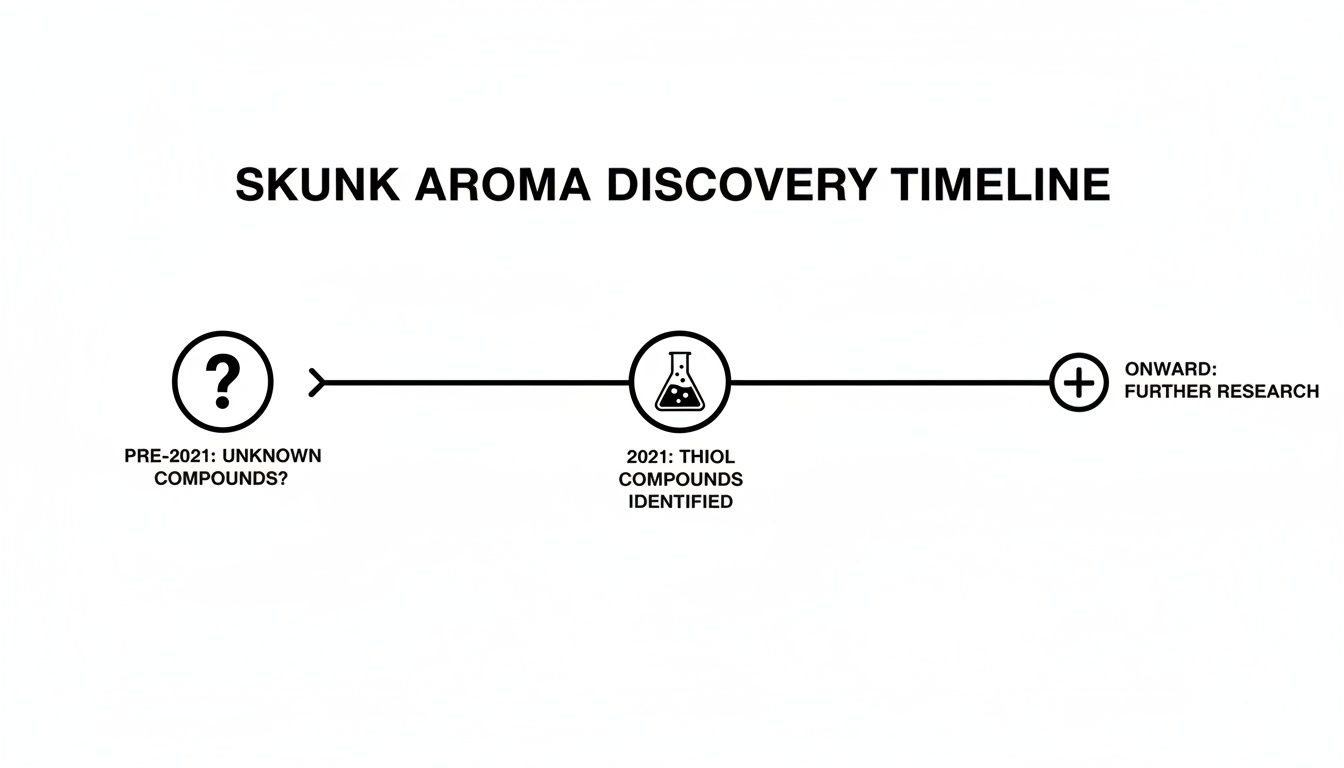 A timeline illustrates the discovery of skunk aroma, identifying thiol compounds in 2021.