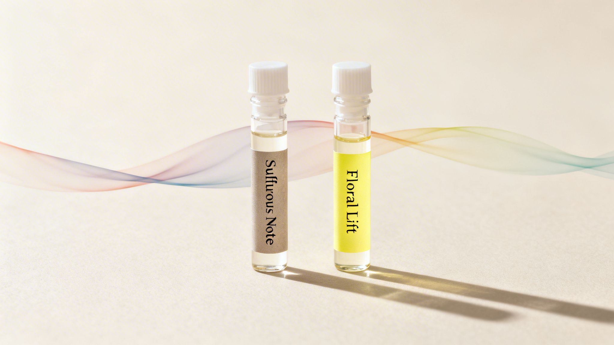 Two perfume sample vials, 'Sulfurous Note' and 'Floral Lift', against a colorful, wavy background.