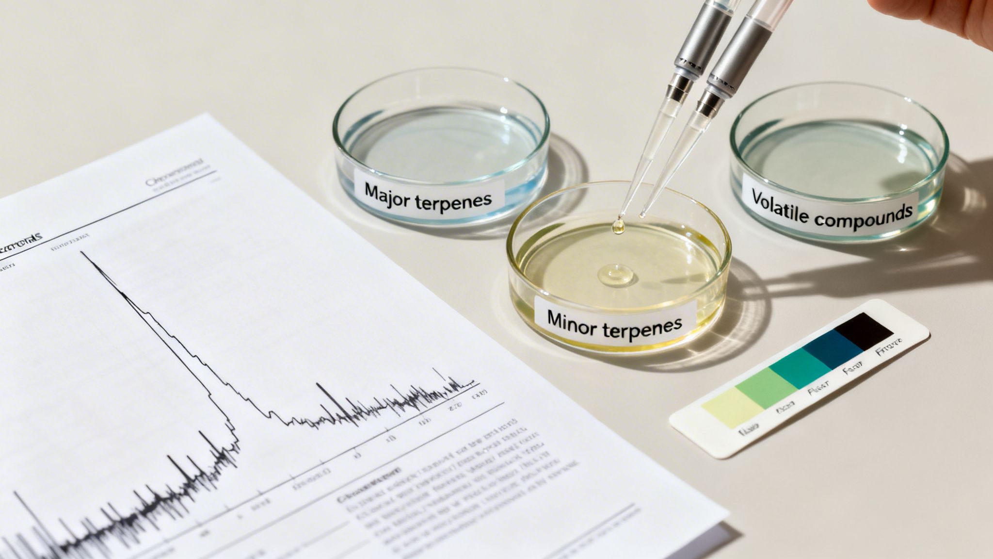 A scientific setup with petri dishes labeled 'Major terpenes', 'Minor terpenes', and 'Volatile compounds', showing a pipette adding liquid.