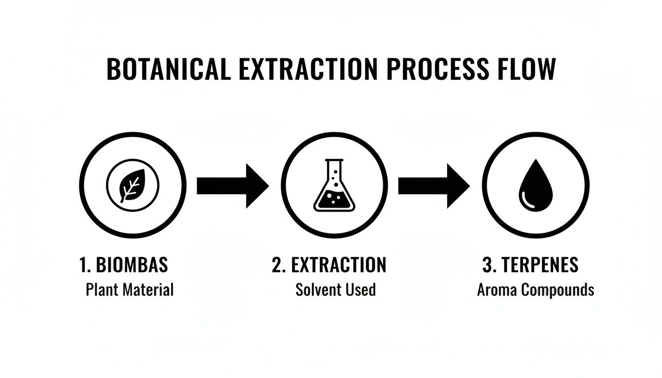 Botanical extraction process flow diagram showing plant material, solvent extraction, and resulting terpenes.