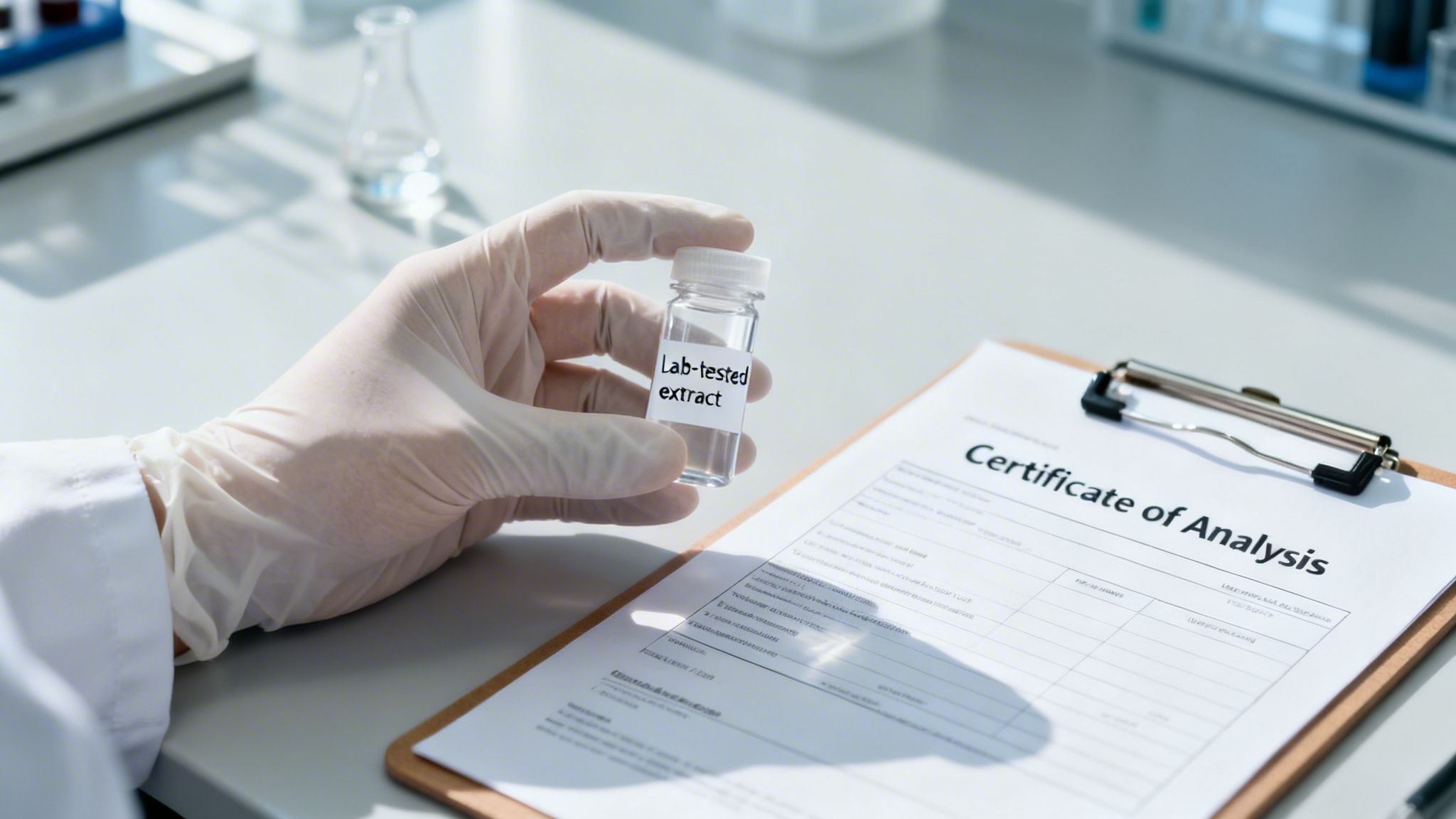 A gloved hand holds a vial of 'Lab-tested extract' next to a 'Certificate of Analysis' document in a laboratory.