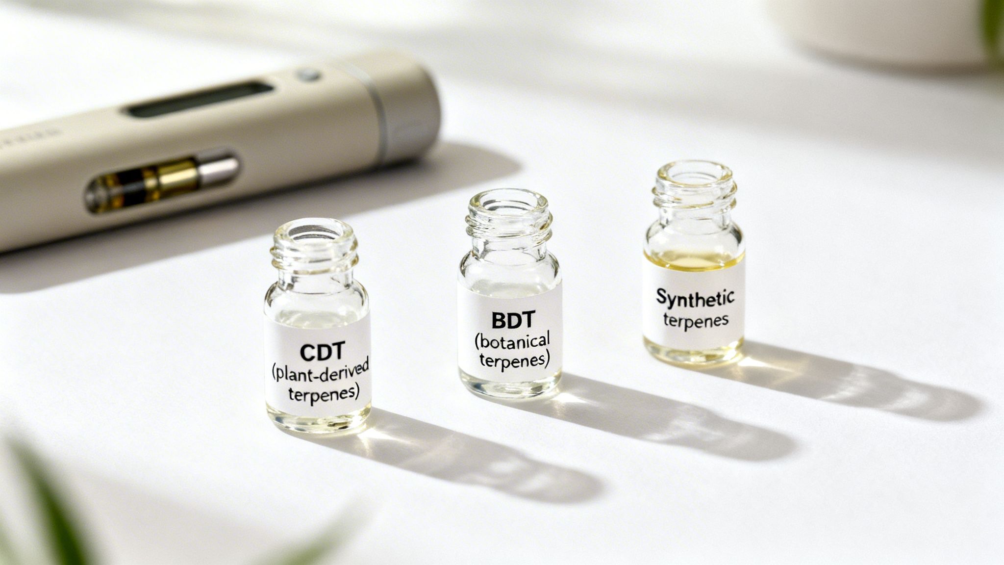 Three small vials labeled CDT, BDT, and synthetic terpenes, with a vape pen nearby.