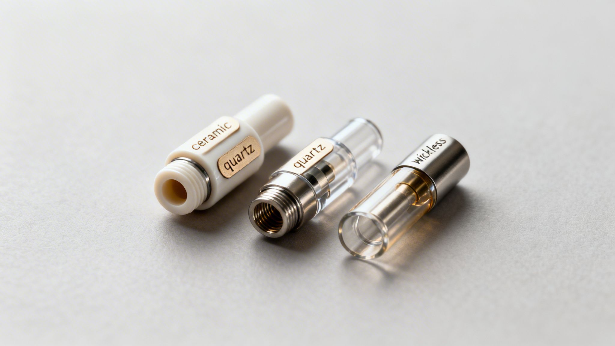 Three distinct vape cartridges are displayed, labeled ceramic, quartz, and wickless.