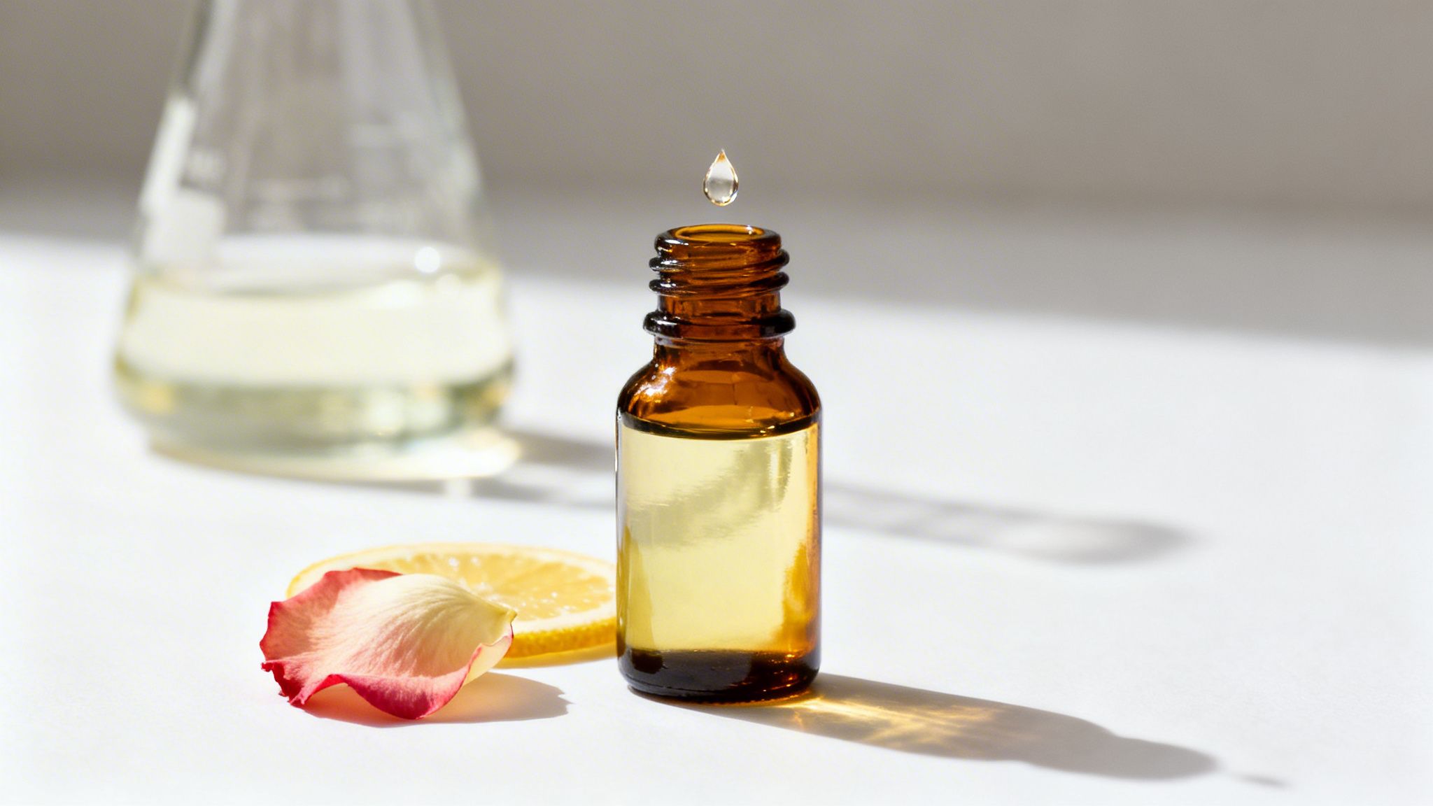 Amber dropper bottle with essential oil, a suspended drop, lemon slice, and rose petal.