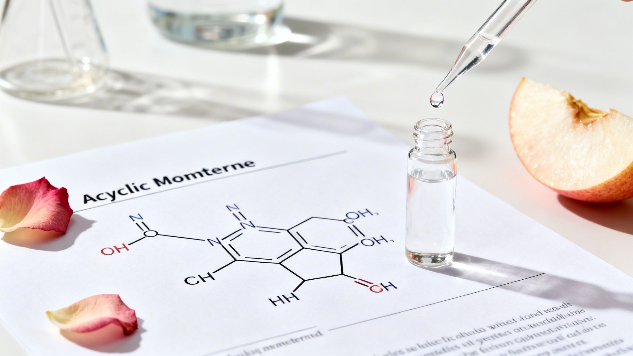 A lab setup with a chemical structure, dropper, vial, rose petals, and a fruit slice.