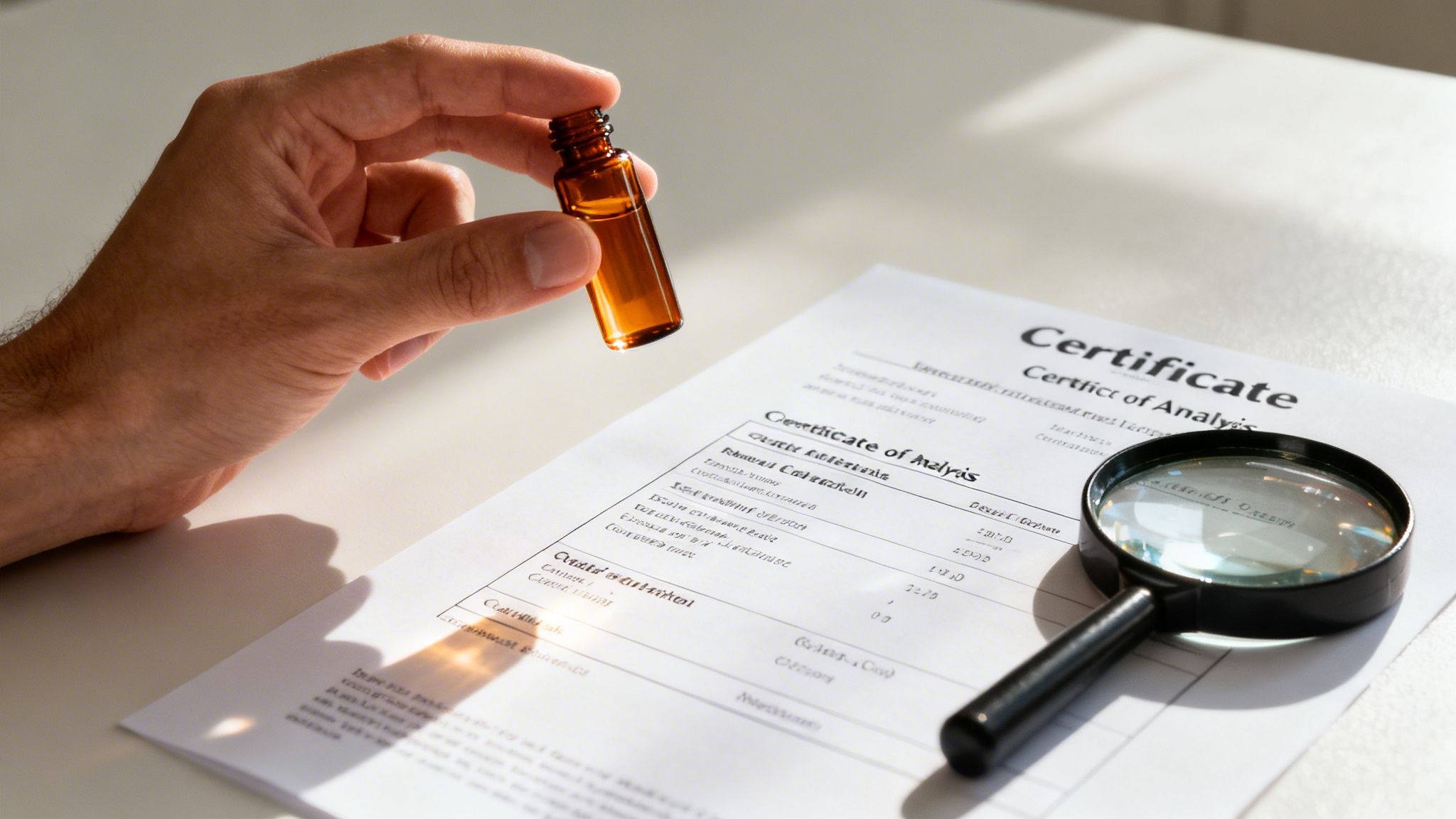 A hand holds an amber vial over a 'Certificate of Analysis' document and magnifying glass on a table.