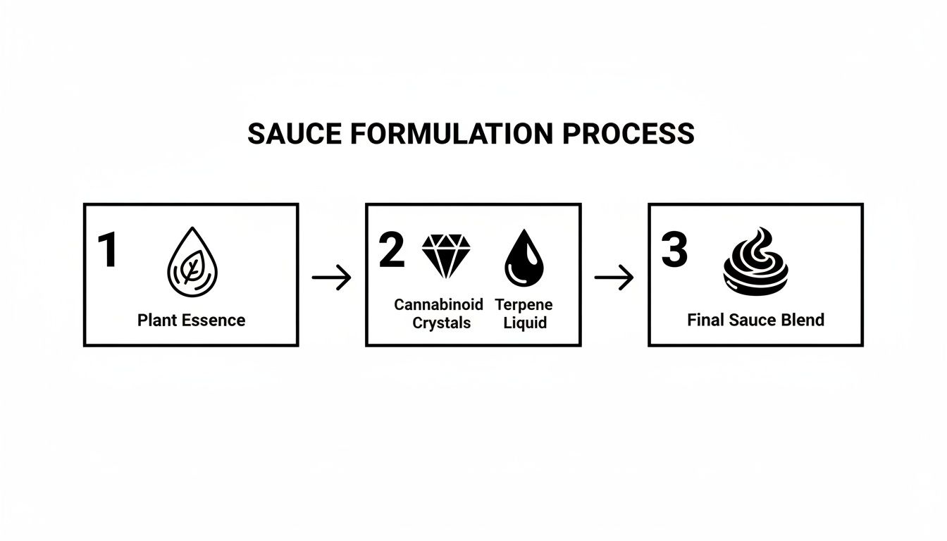 A three-step diagram illustrates the sauce formulation process, from plant essence to a final sauce blend.