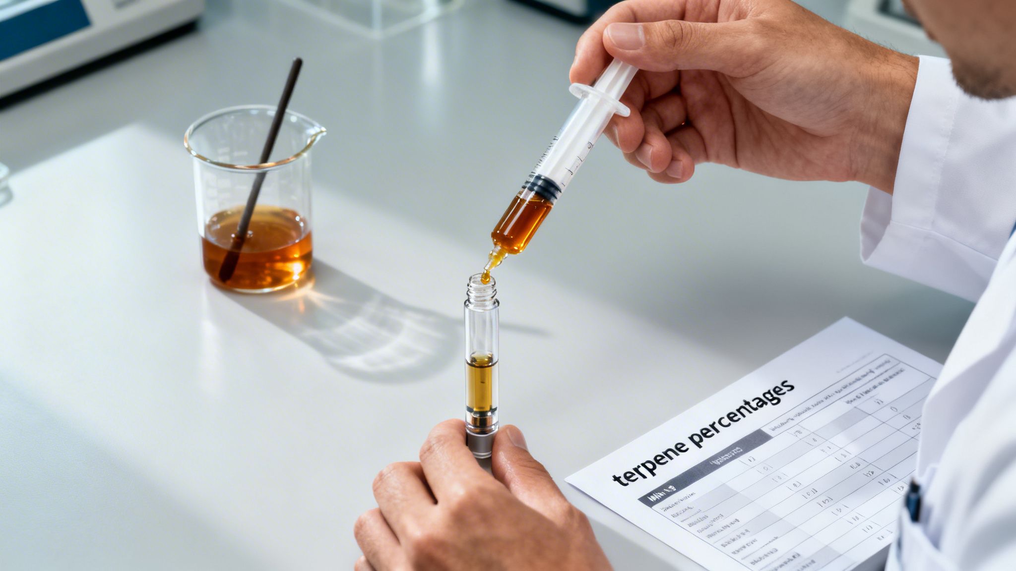 A scientist in a lab coat precisely fills a vape cartridge with amber cannabis oil, with a terpene analysis report nearby.