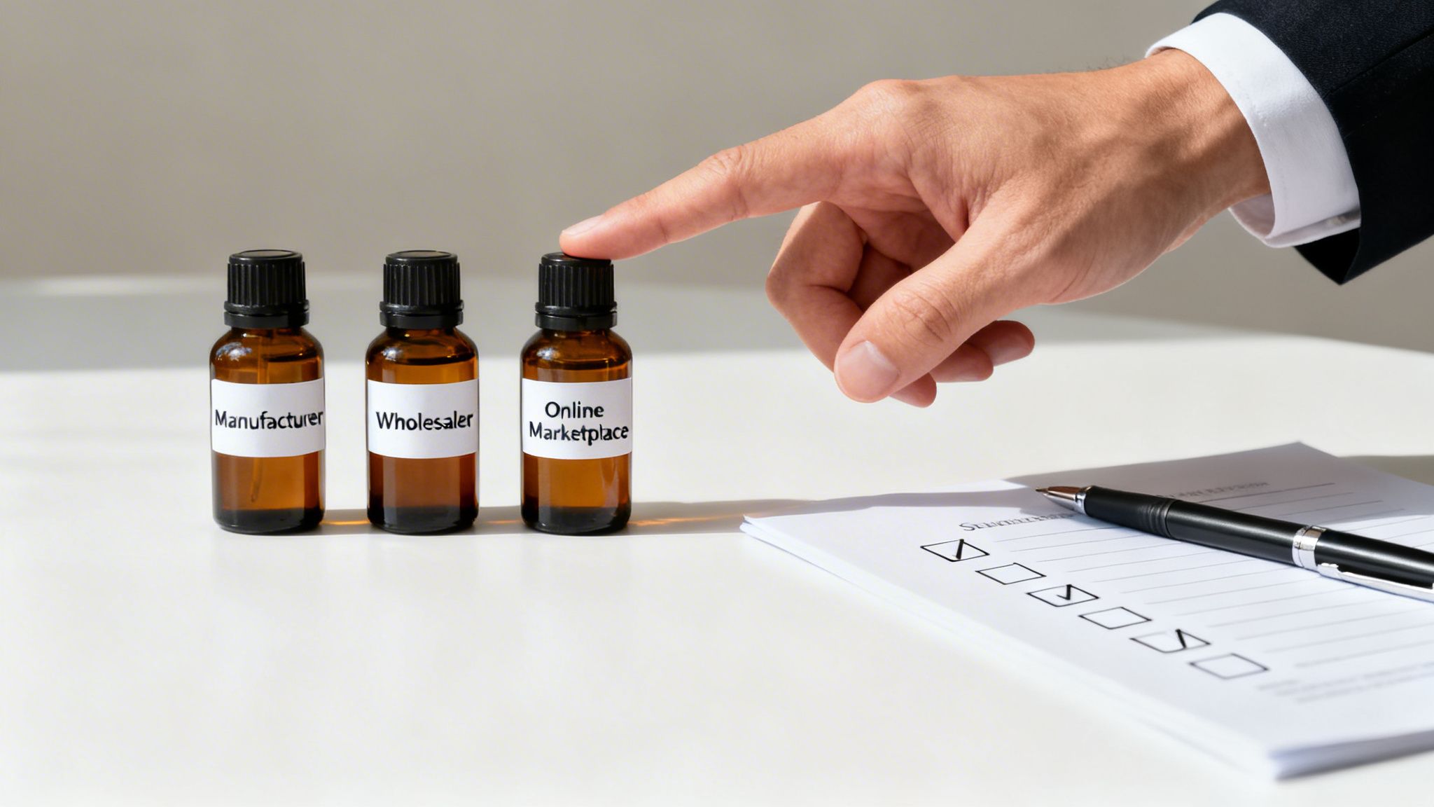 A hand points to an 'Online Marketplace' bottle, making a choice between business models.