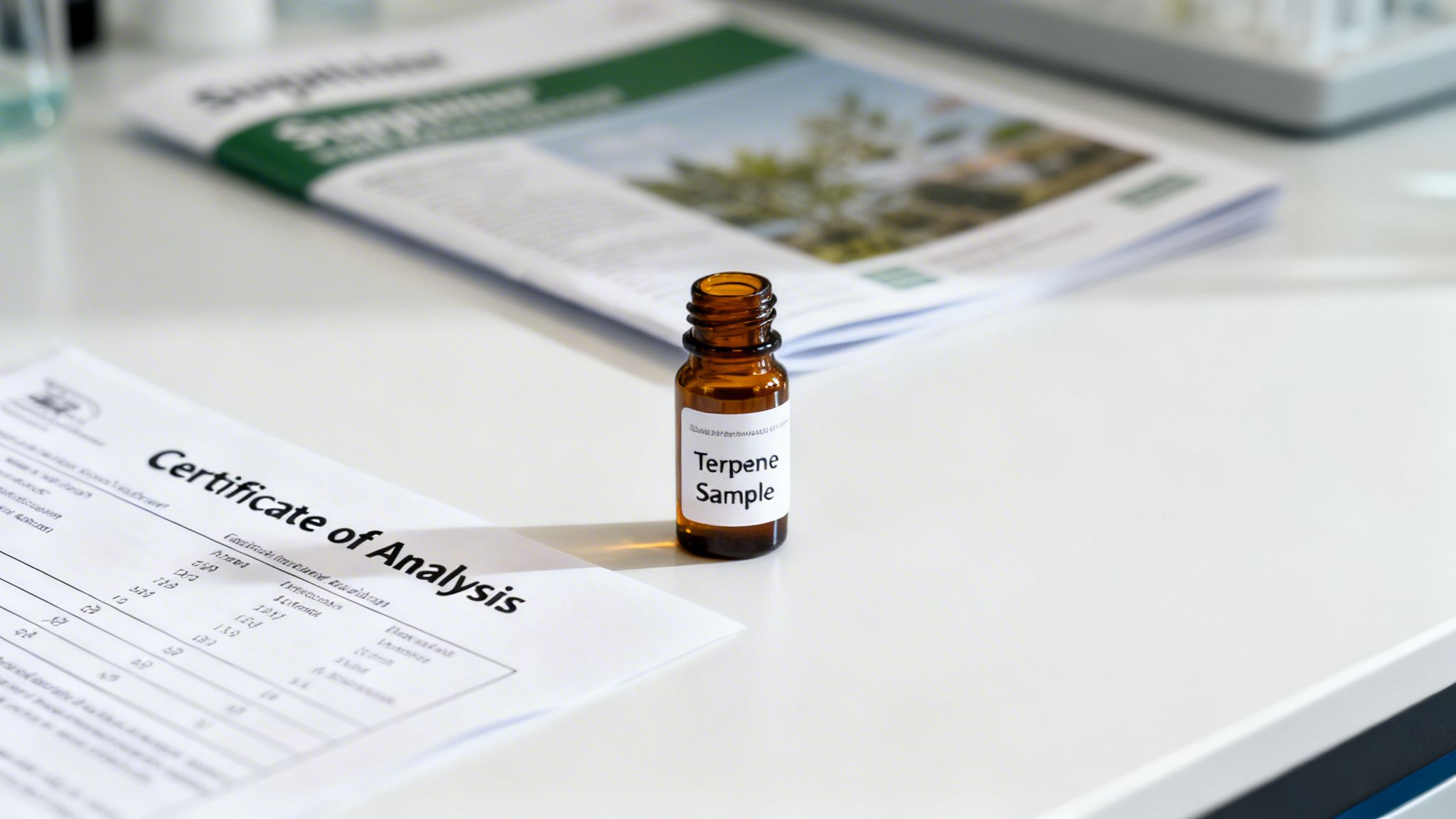 An amber vial labeled 'Terpene Sample' sits on a white table next to a 'Certificate of Analysis' document.