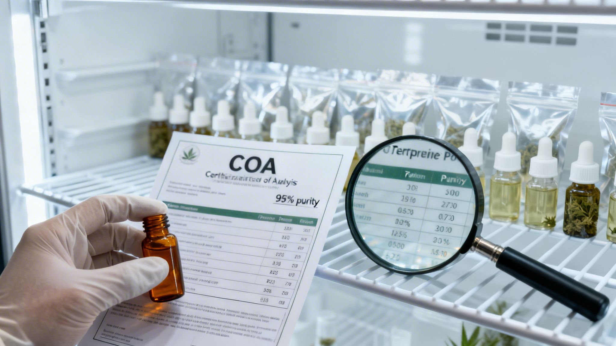 Gloved hand with CBD oil bottle and COA document showing 95% purity amidst lab fridge contents.