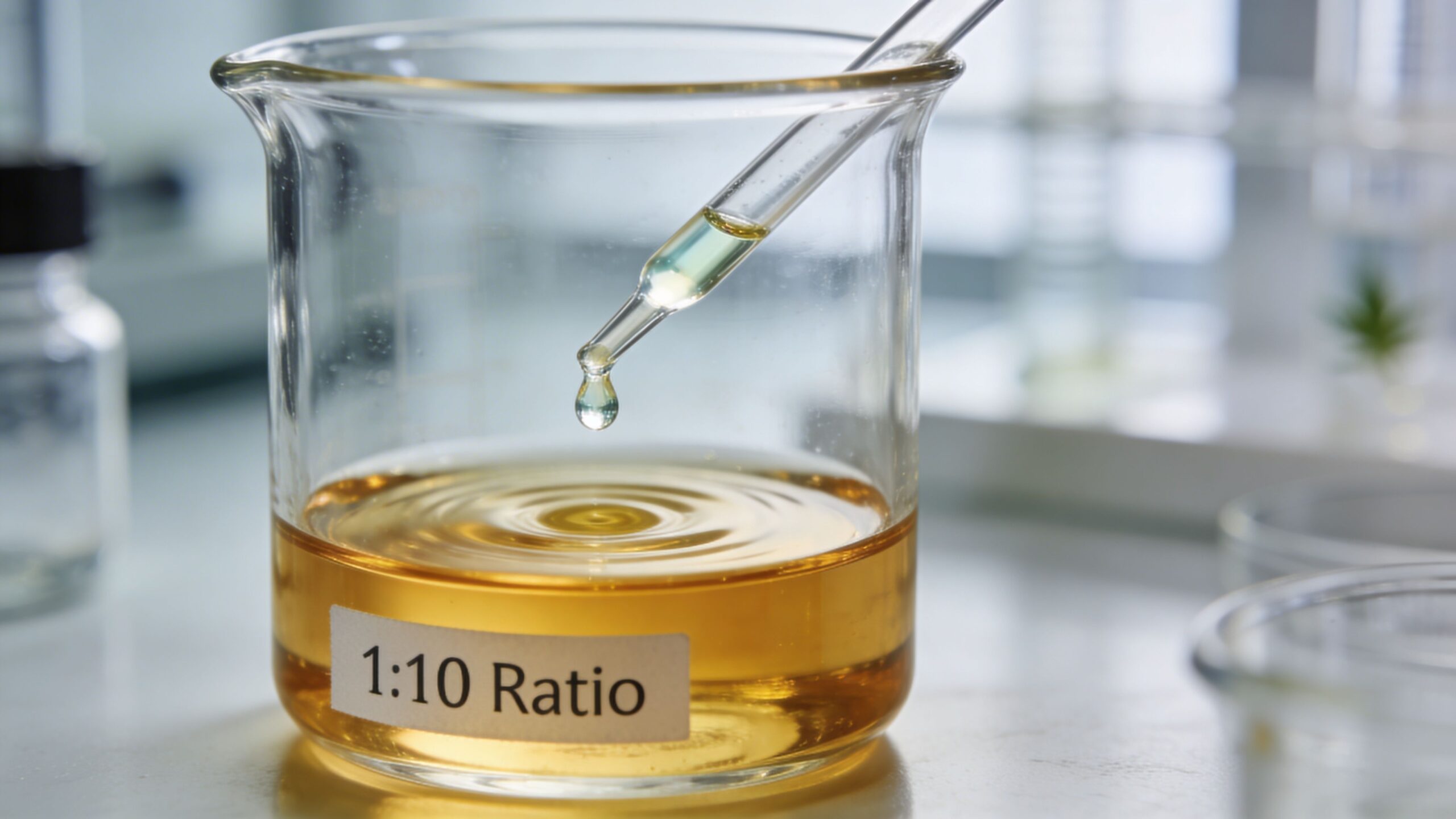 A glass beaker filled with yellow liquid containing a 1:10 ratio label and a glass pipette dropping fluid.