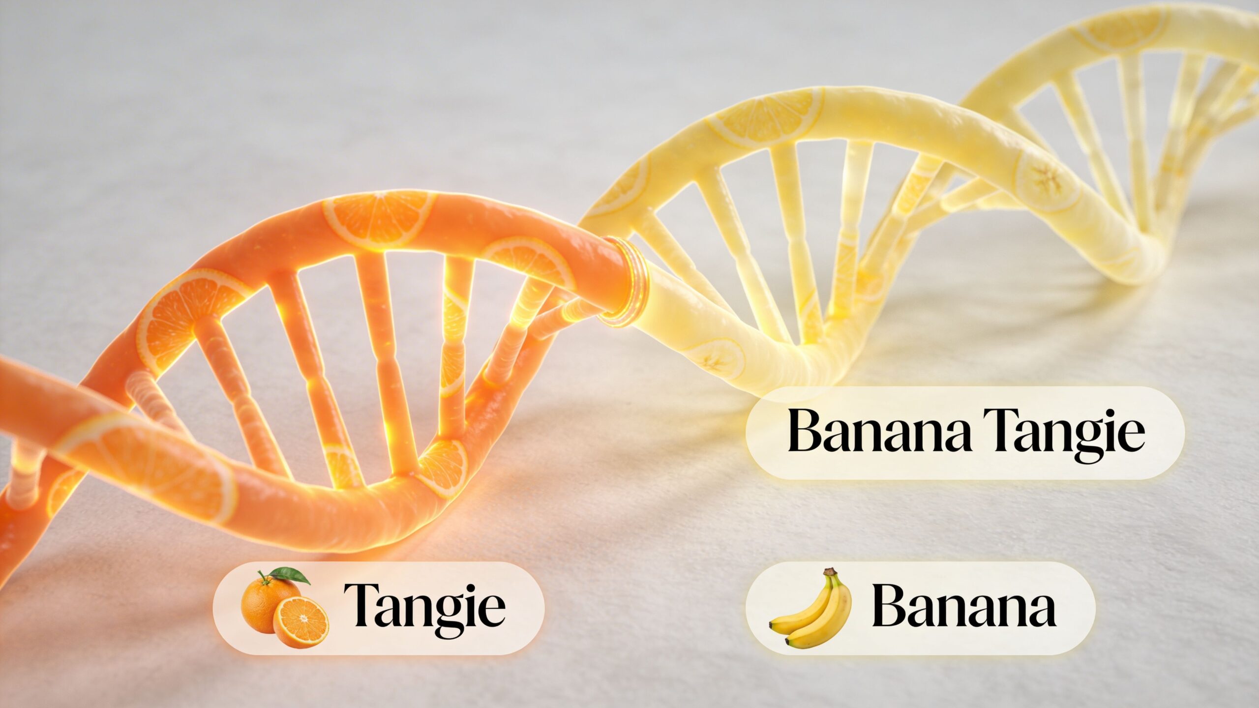 A 3D DNA double helix structure blending orange and banana patterns representing the Banana Tangie cannabis strain.
