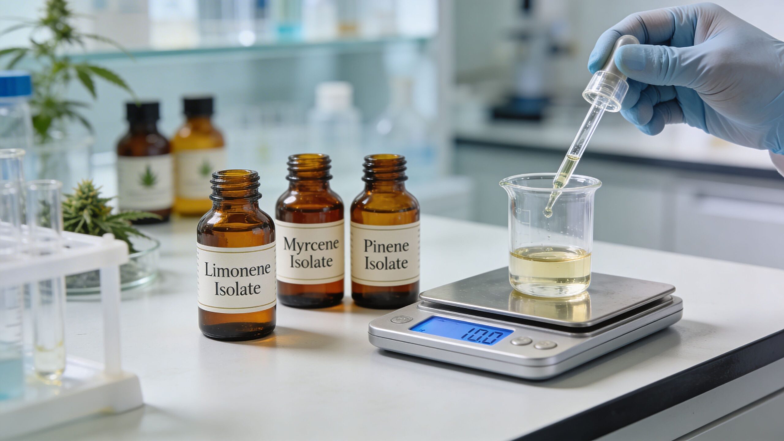 A scientist in a laboratory uses a dropper to add cannabis terpene isolates into a glass beaker.