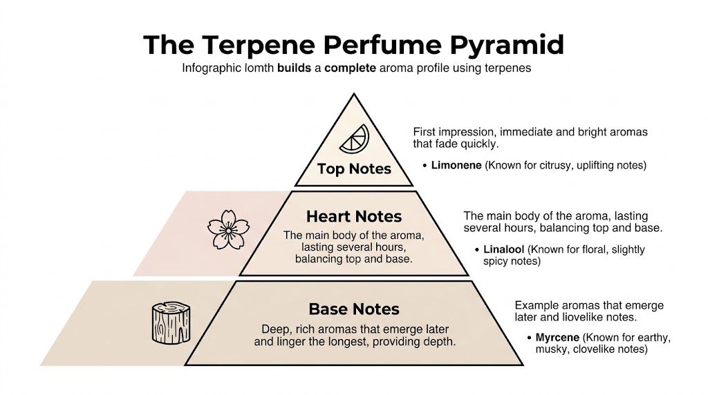A pyramid diagram explaining top, heart, and base perfume notes using terpenes like limonene, linalool, and myrcene.