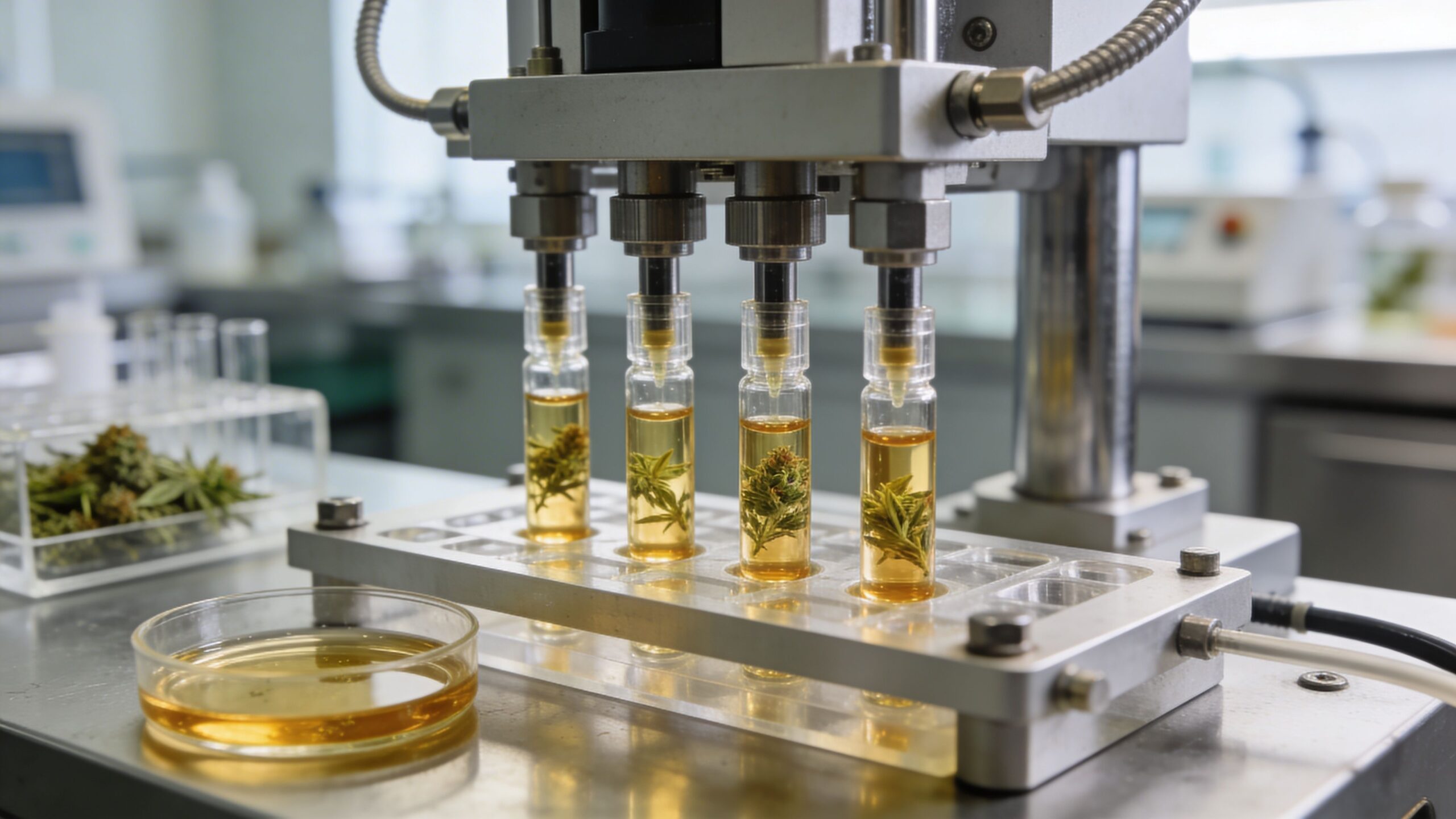 A laboratory machine filling small glass vials containing cannabis buds and golden oil for pharmaceutical research.
