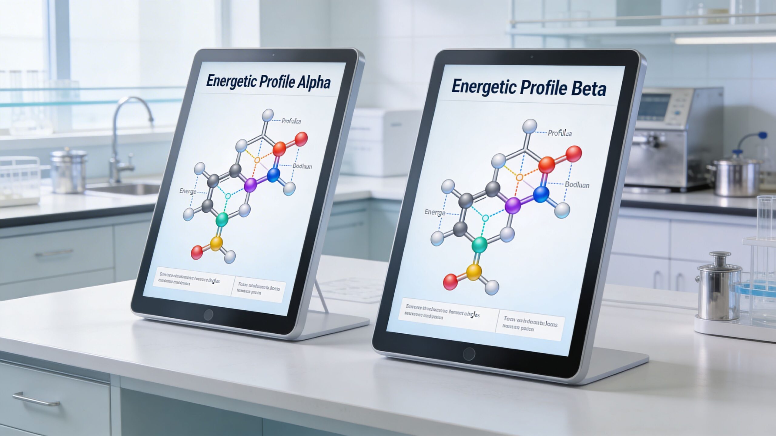 Two tablets on a laboratory counter displaying chemical structures labeled as Energetic Profile Alpha and Beta.