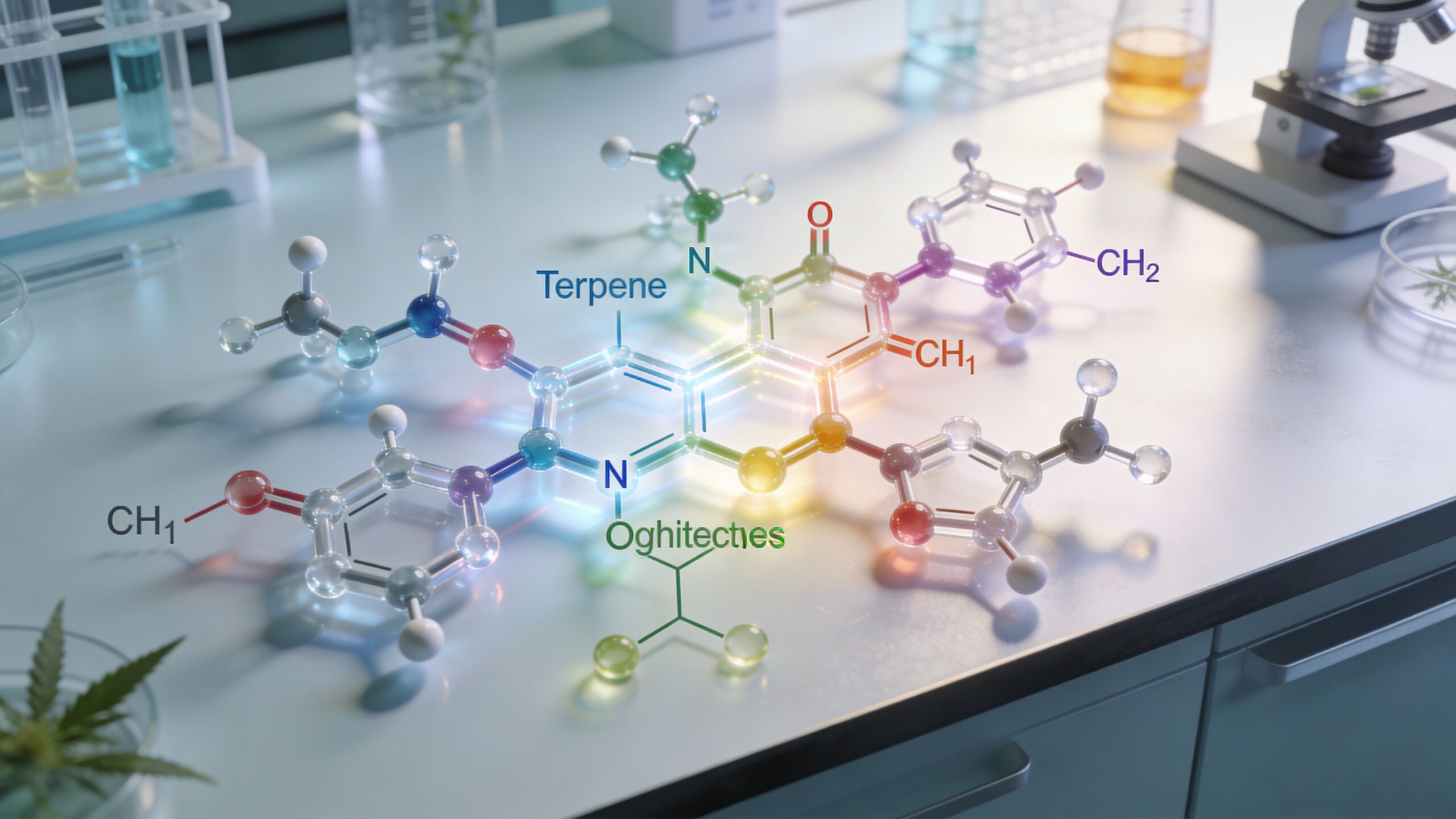 A 3D molecular structure model displayed on a laboratory workbench with chemical labels and botanical samples.