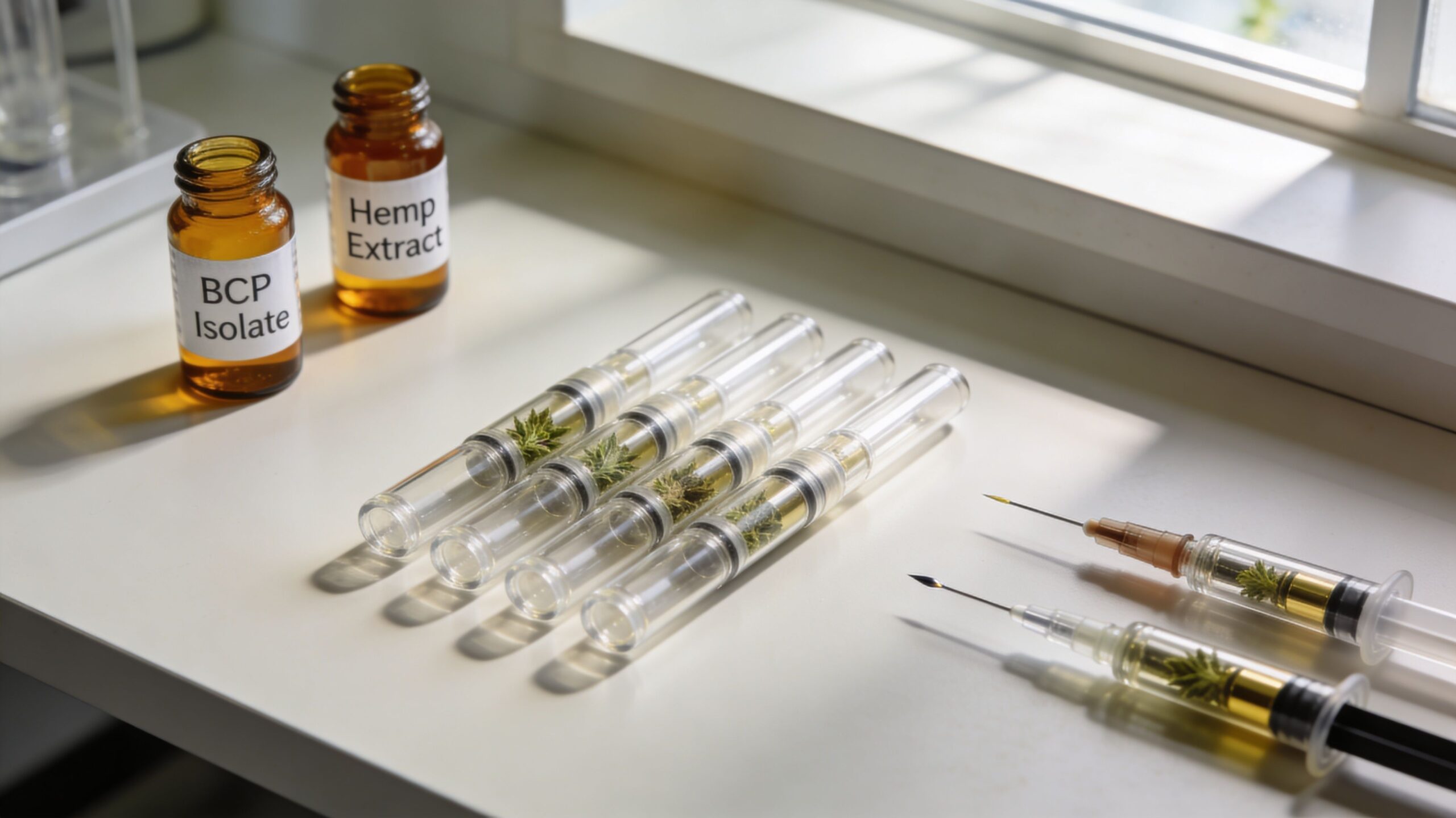 Scientific laboratory table featuring BCP isolate, hemp extract, and cannabis flower inside glass syringe devices.