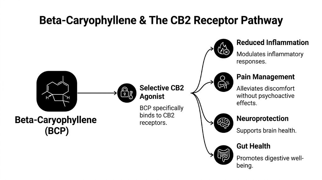 A diagram illustrating how Beta-Caryophyllene acts as a selective CB2 agonist to provide various health benefits.