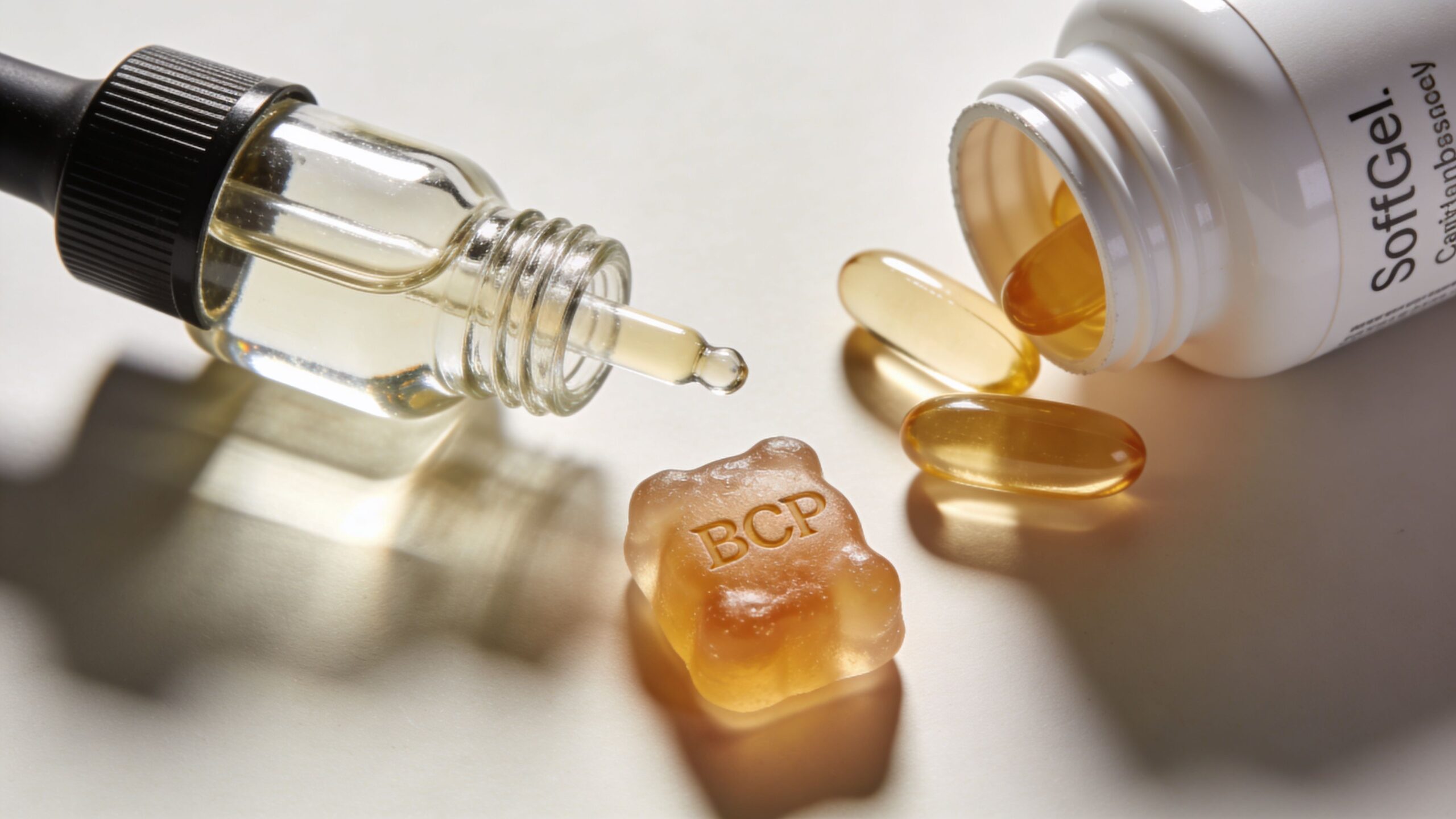 A dropper bottle, a gummy labeled BCP, and softgel capsules on a clean white surface background.